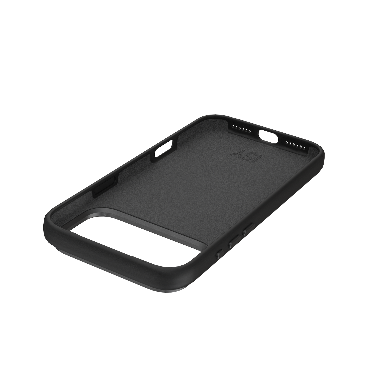 Una funda de teléfono negra. El interior es texturizado. Tiene aberturas para la cámara, botones y altavoz. El fondo es gris.