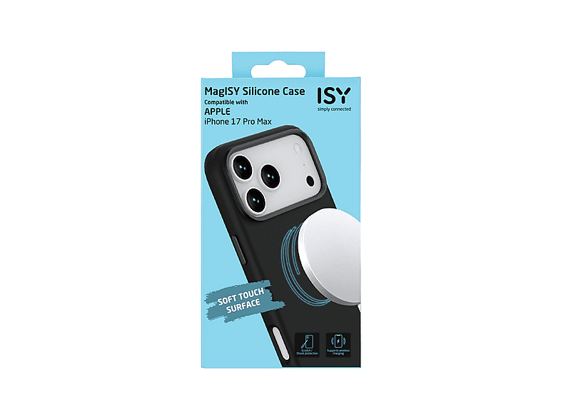 Funda móvil - ISY ISC-2369, Compatible con iPhone 17 Pro Max, Compatibilidad MagSafe, Carga Inalámbrica, Resistente a Golpes y Agua, Silicona, Negro