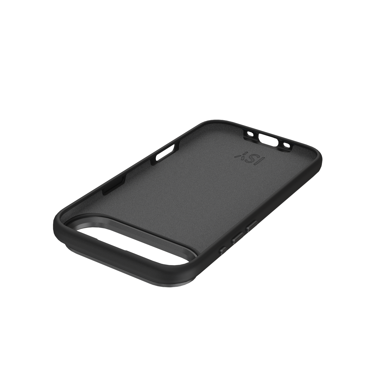 Se muestra una funda de teléfono negra en ángulo. Está vacía y tiene aberturas para botones y cámara. El fondo es gris.
