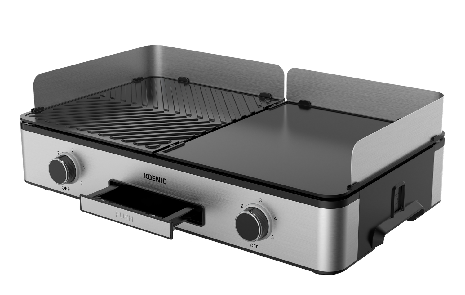 Una parrilla eléctrica Koenic con dos superficies de cocción, una rejilla y una superficie plana, con detalles plateados y negros.