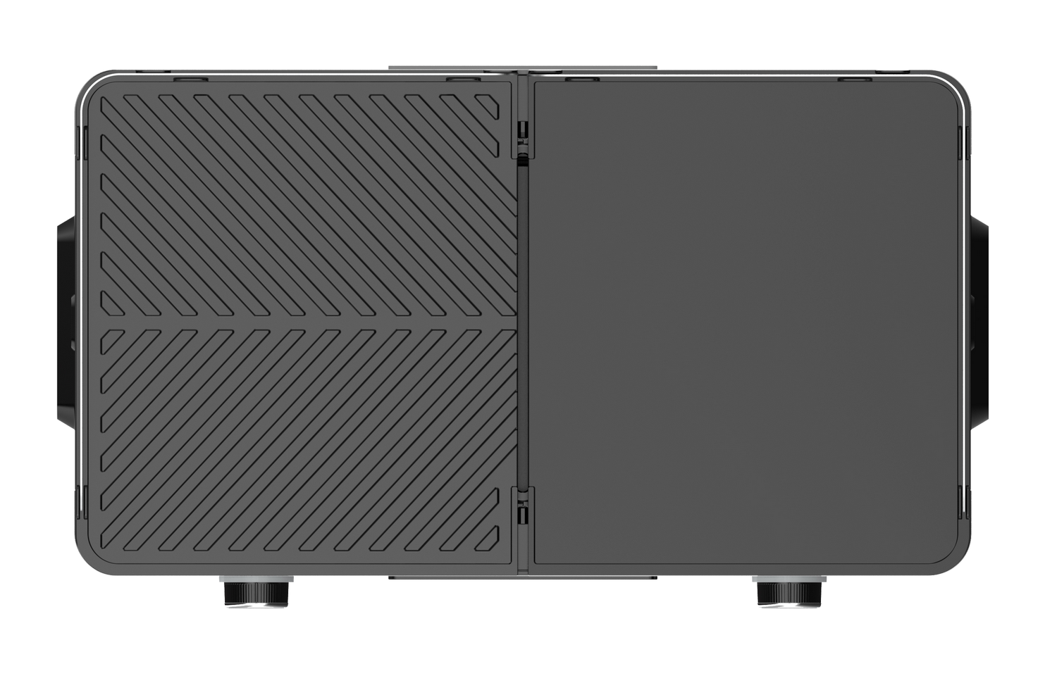 Vista superior de un dispositivo rectangular con dos secciones. Una sección tiene líneas diagonales, la otra es lisa. Dos perillas son visibles.