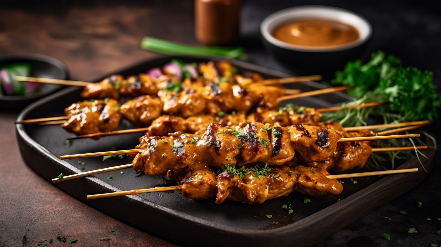 Brochetas de pollo a la parrilla con salsa, servidas en un plato negro con guarnición y salsa para mojar en un cuenco.