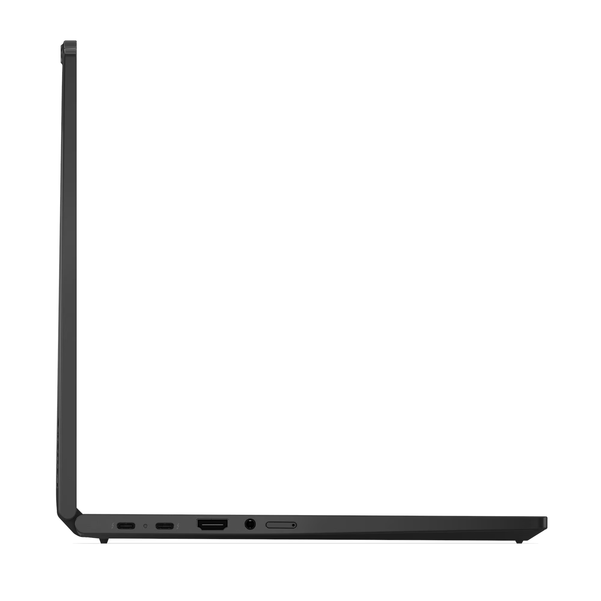Vista lateral de un portátil gris oscuro, mostrando puertos como USB-C, HDMI y conector de audio sobre fondo negro.