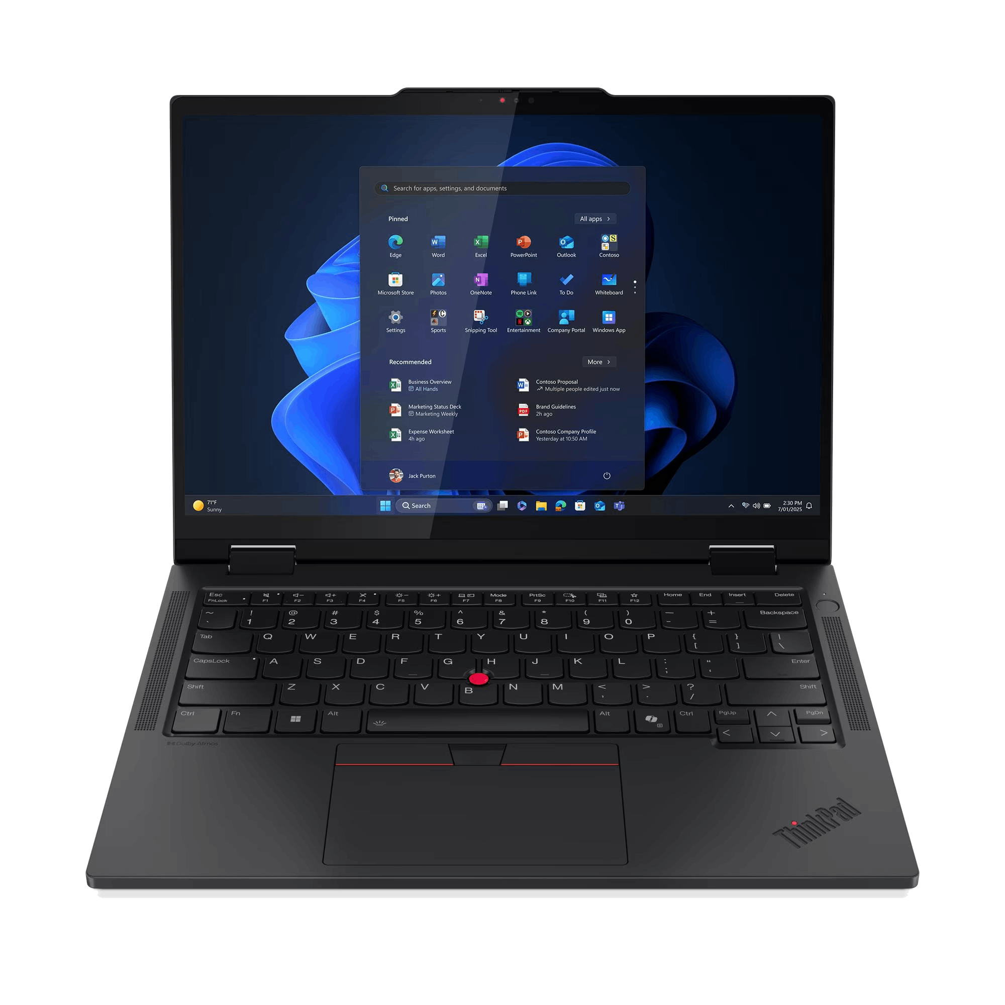 Una laptop negra con la pantalla abierta mostrando el menú de aplicaciones de Windows. Un teclado en la parte inferior.