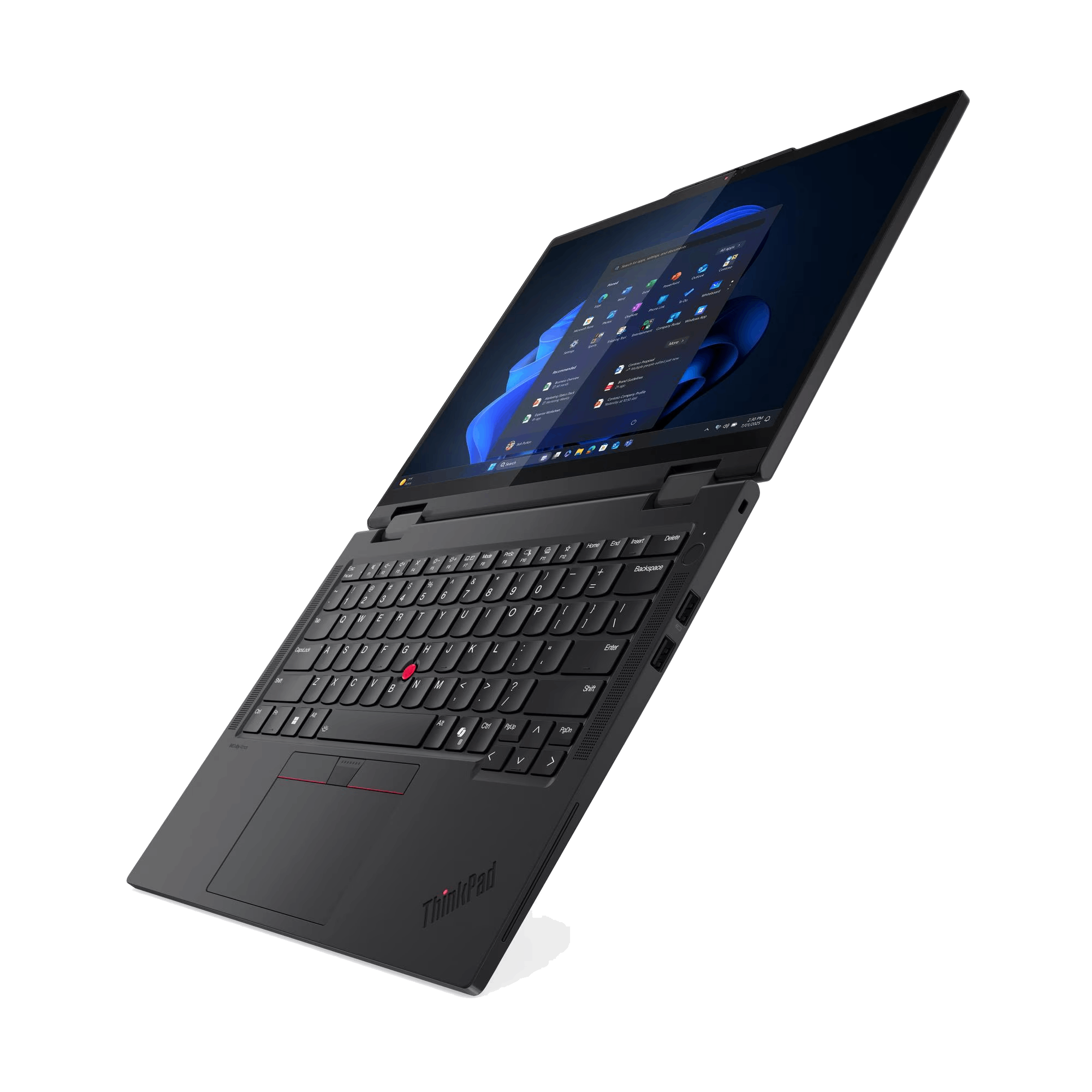 Un portátil ThinkPad negro está abierto, mostrando una interfaz de Windows. El teclado es visible y la pantalla está inclinada.