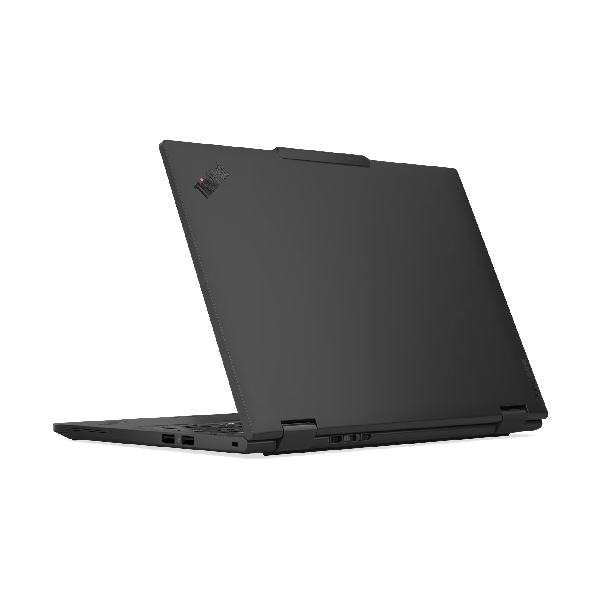 Un portátil negro Lenovo ThinkPad está abierto. La pantalla está en ángulo hacia arriba.