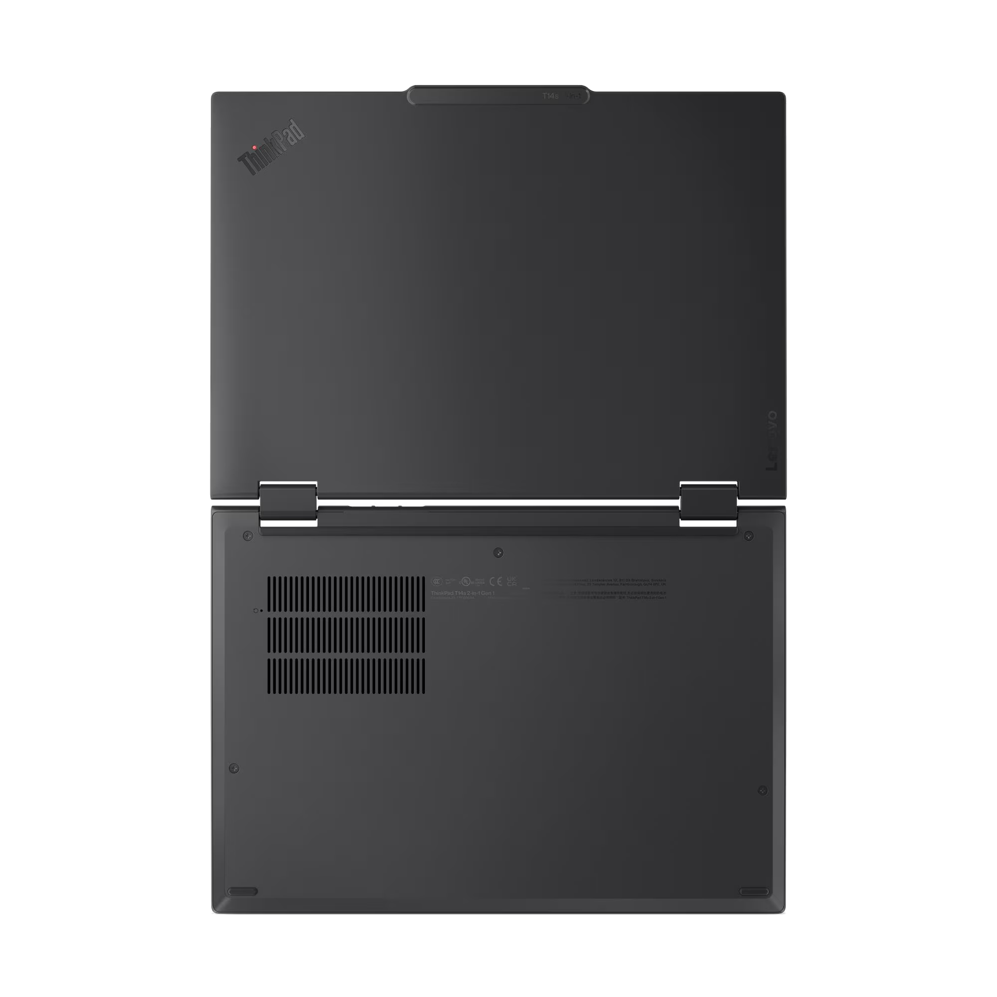 Una computadora portátil ThinkPad negra está abierta, mostrando el teclado y la pantalla. La bisagra es visible.