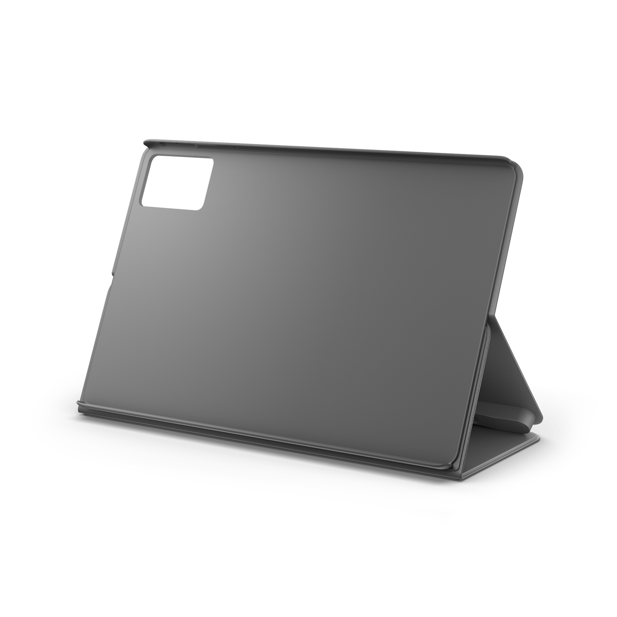 Una funda gris para tableta con soporte se muestra sobre un fondo negro. La funda tiene un recorte para la cámara y está abierta.
