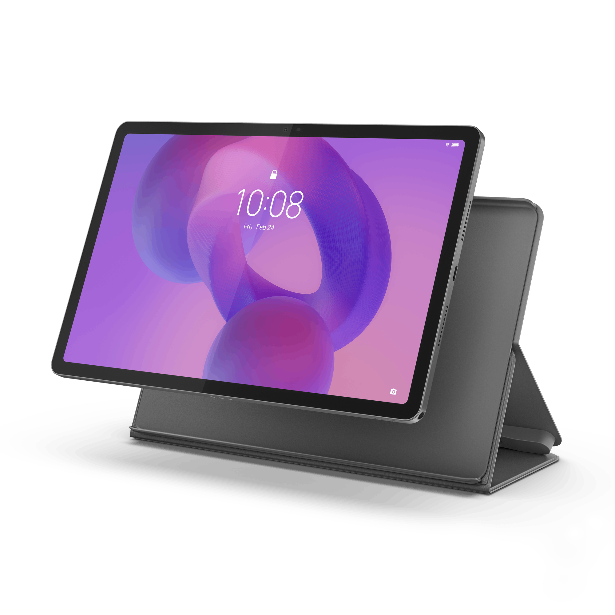 Tableta con funda gris sobre fondo negro. Pantalla muestra hora y fecha con formas abstractas púrpuras y blancas.