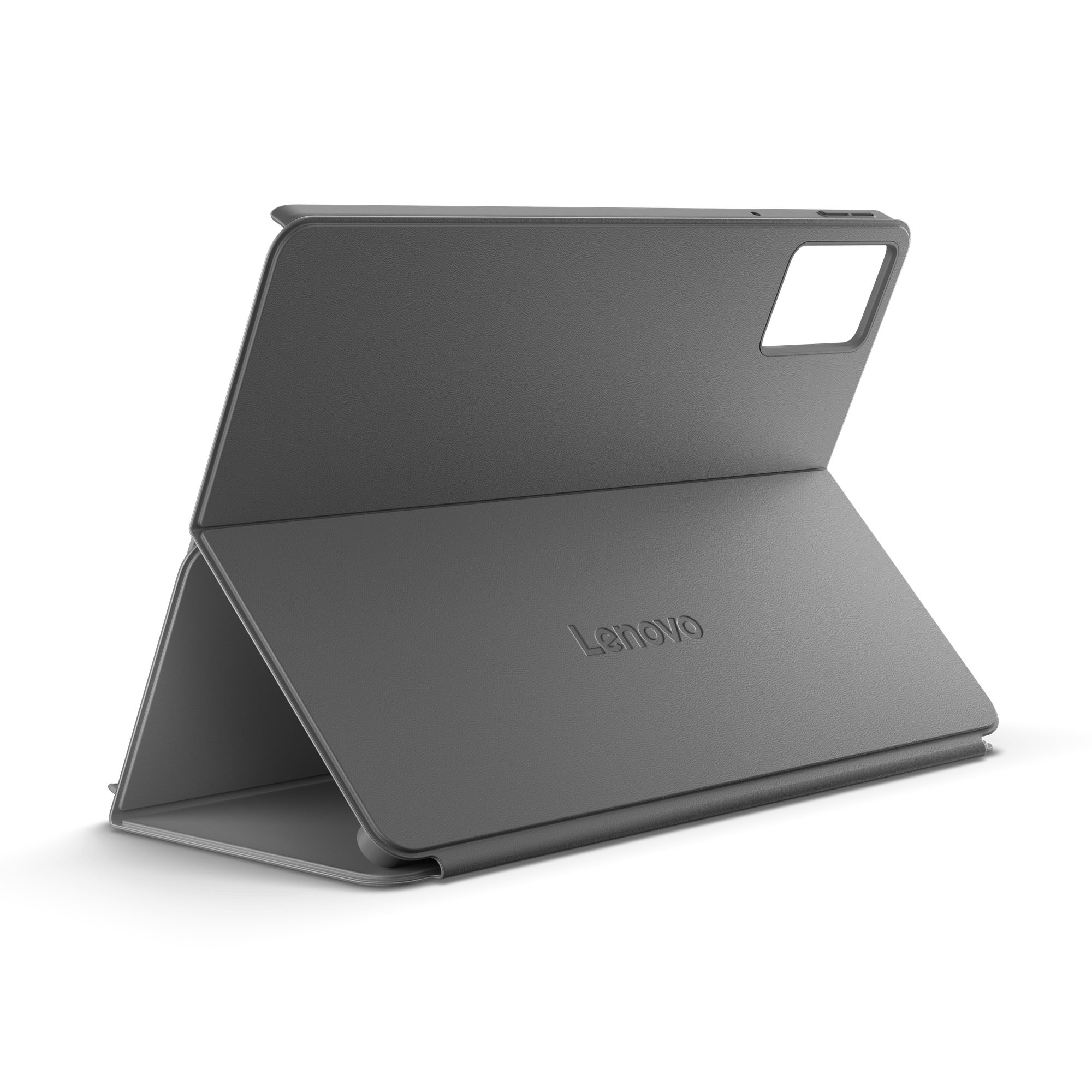 Una funda gris para tableta Lenovo, abierta y apoyada. El logotipo de Lenovo es visible. El fondo es negro.