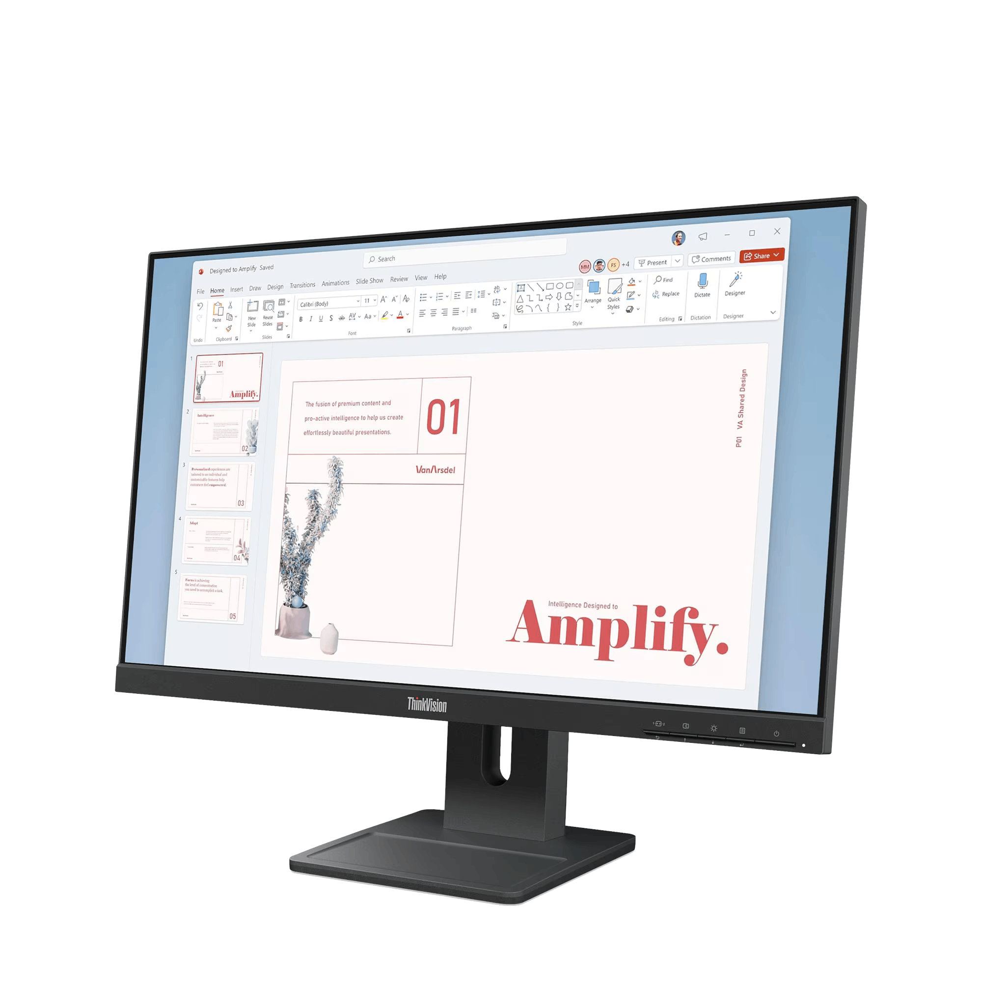 Un monitor negro muestra una presentación con texto y gráficos, la palabra Amplify en rojo y un logotipo de ThinkVision.