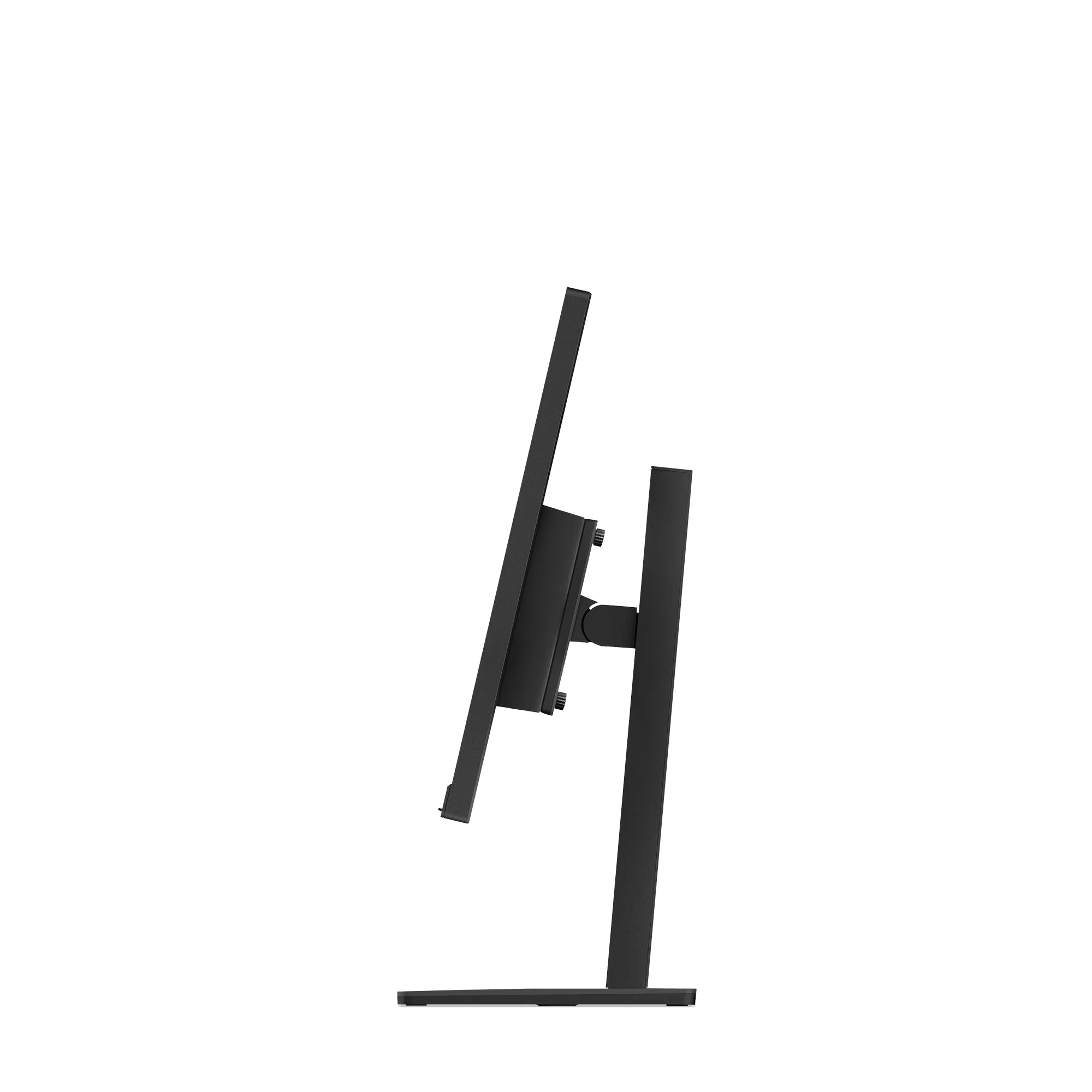 Un monitor de computadora negro se alza sobre un fondo negro. Está inclinado, mostrando la pantalla y el soporte.