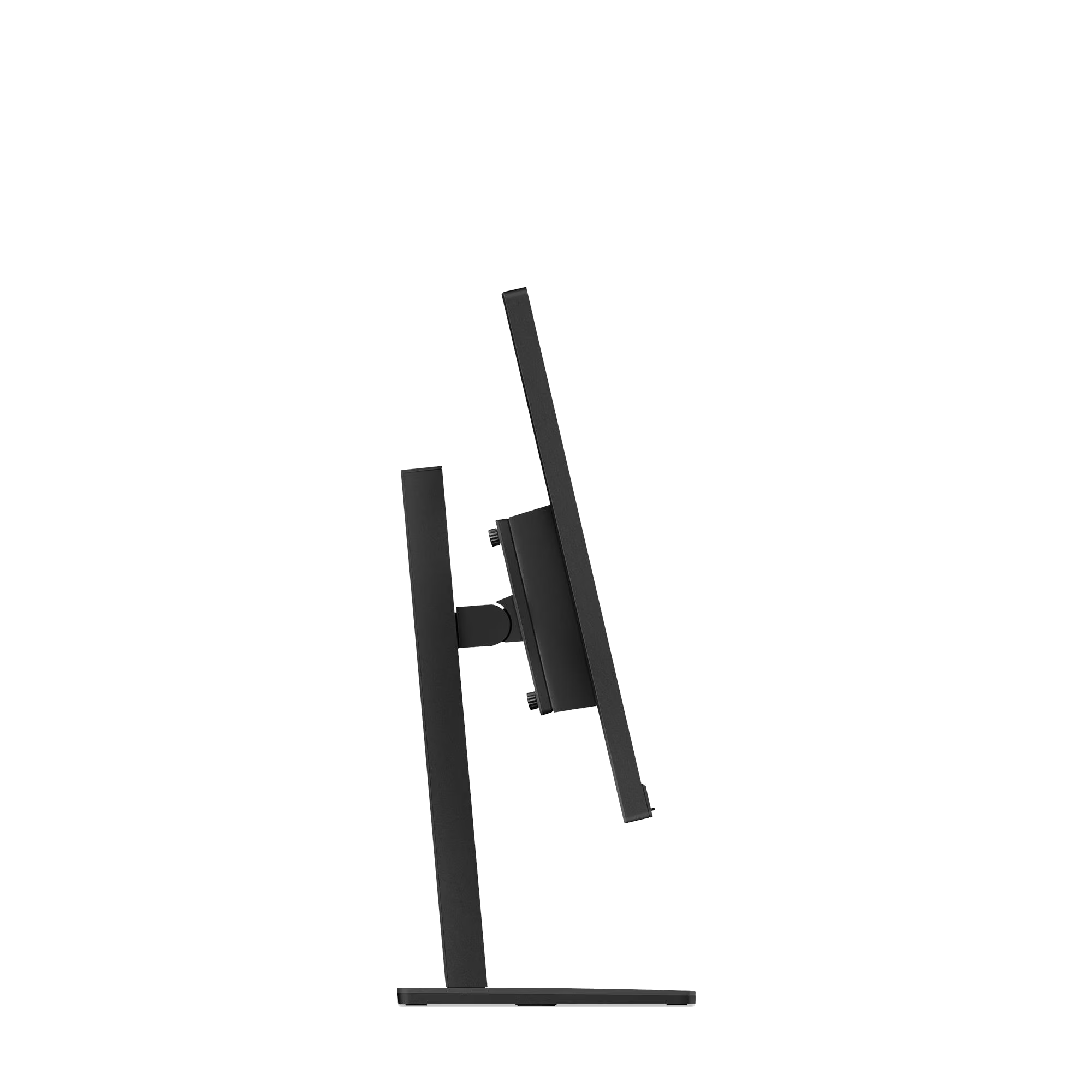 Un monitor de computadora negro sobre un soporte está inclinado hacia la derecha. El fondo es completamente negro.