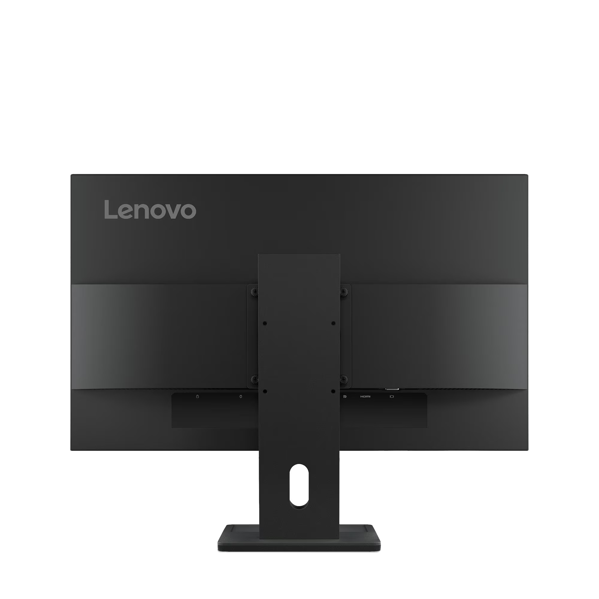 Parte trasera de un monitor Lenovo negro con soporte, puertos y el logotipo de Lenovo en la parte superior izquierda. Fondo negro.
