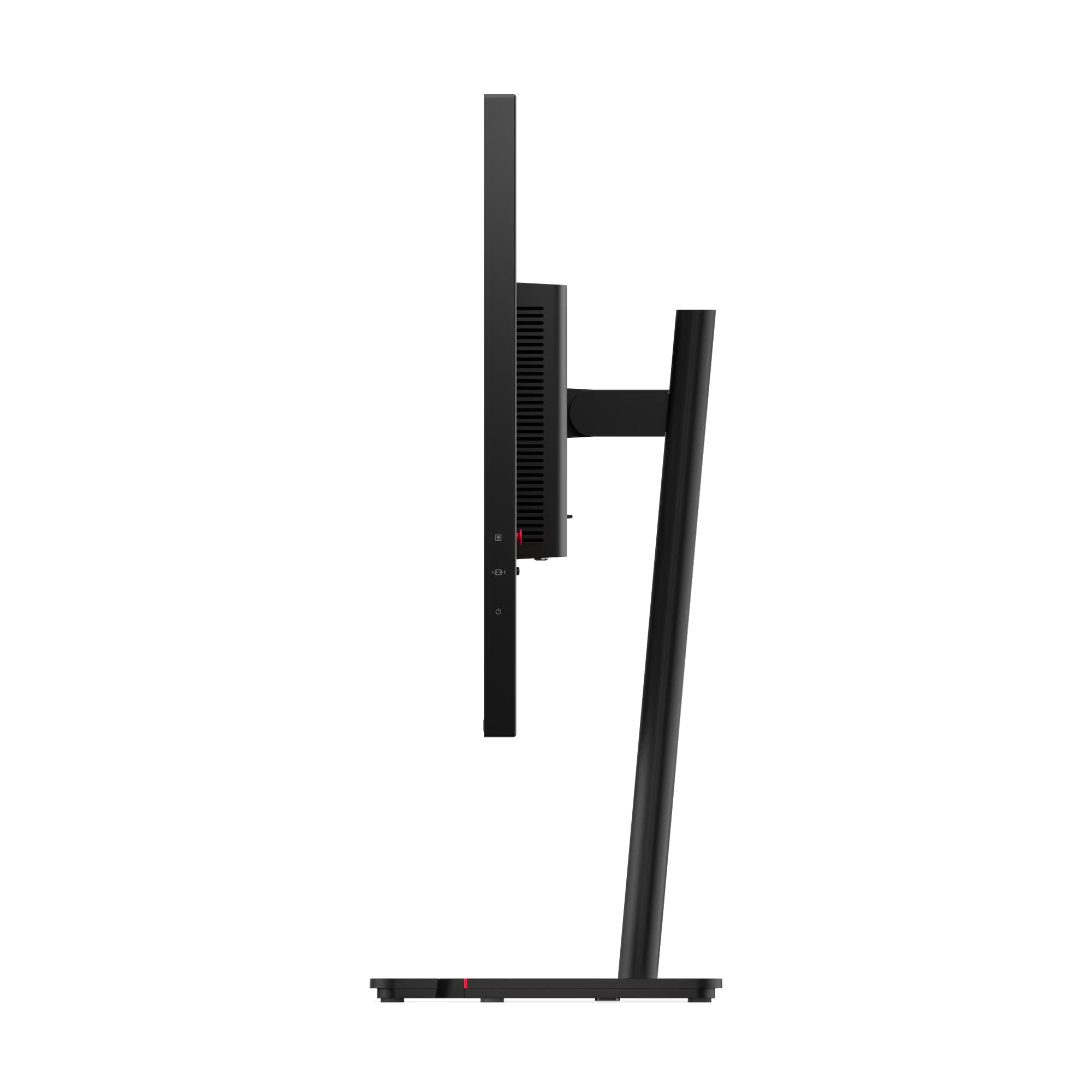 Vista lateral de un monitor de computadora negro con soporte. El monitor es rectangular y tiene un bisel delgado. El soporte está en ángulo.