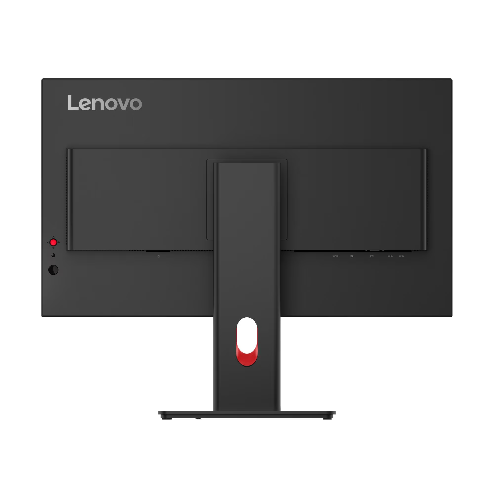 Parte trasera de un monitor Lenovo. Negro, con soporte y detalles en rojo y blanco. Logotipo de Lenovo en la parte superior. Puertos visibles.