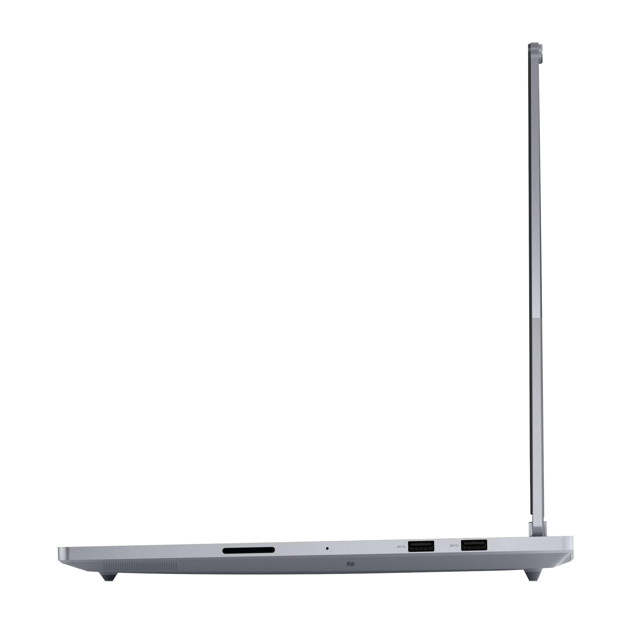 Vista lateral de una laptop plateada con la pantalla abierta. Se ven puertos en el lateral.
