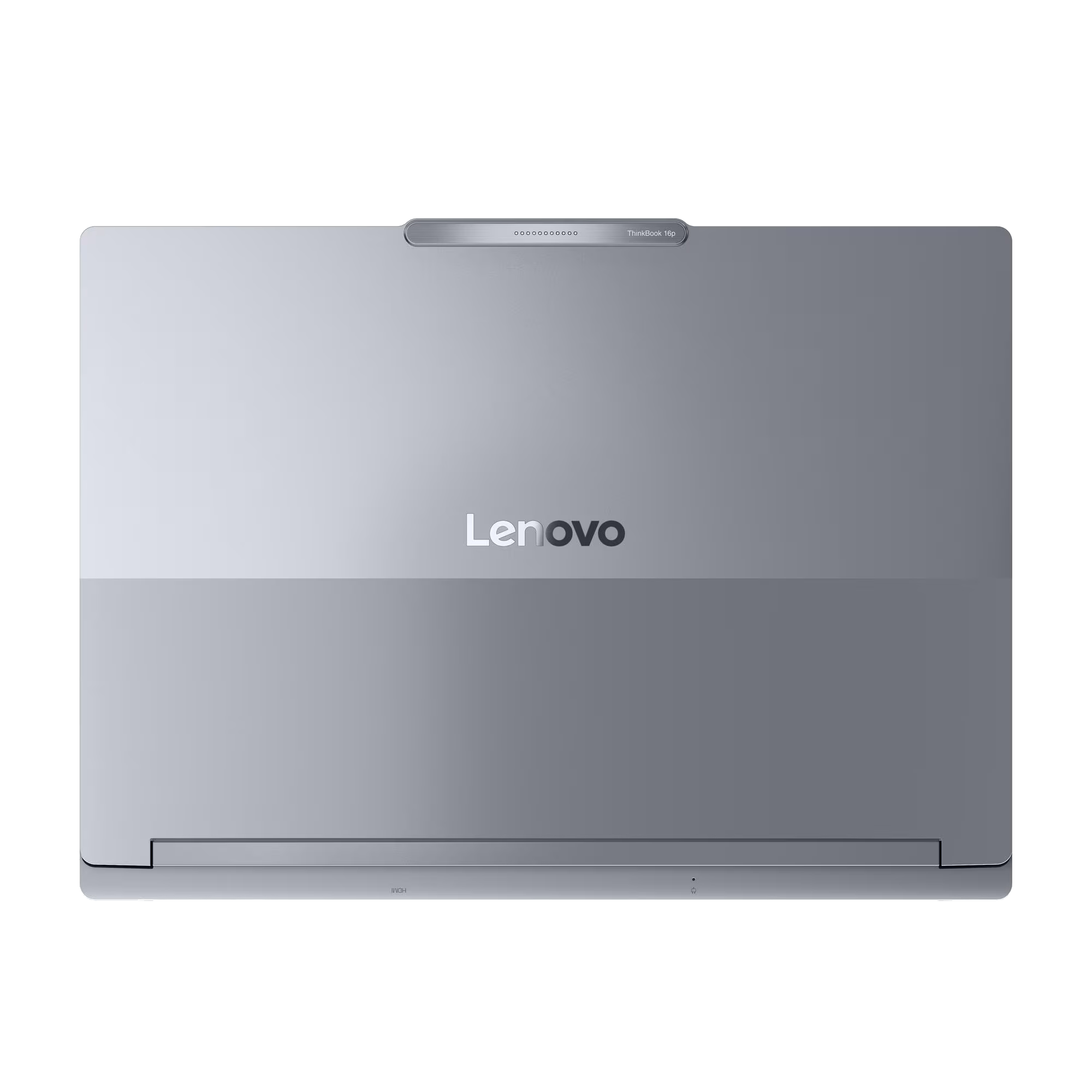 Un portátil Lenovo ThinkBook 16p cerrado. Parte superior plateada, con el logotipo de Lenovo. El fondo es negro.