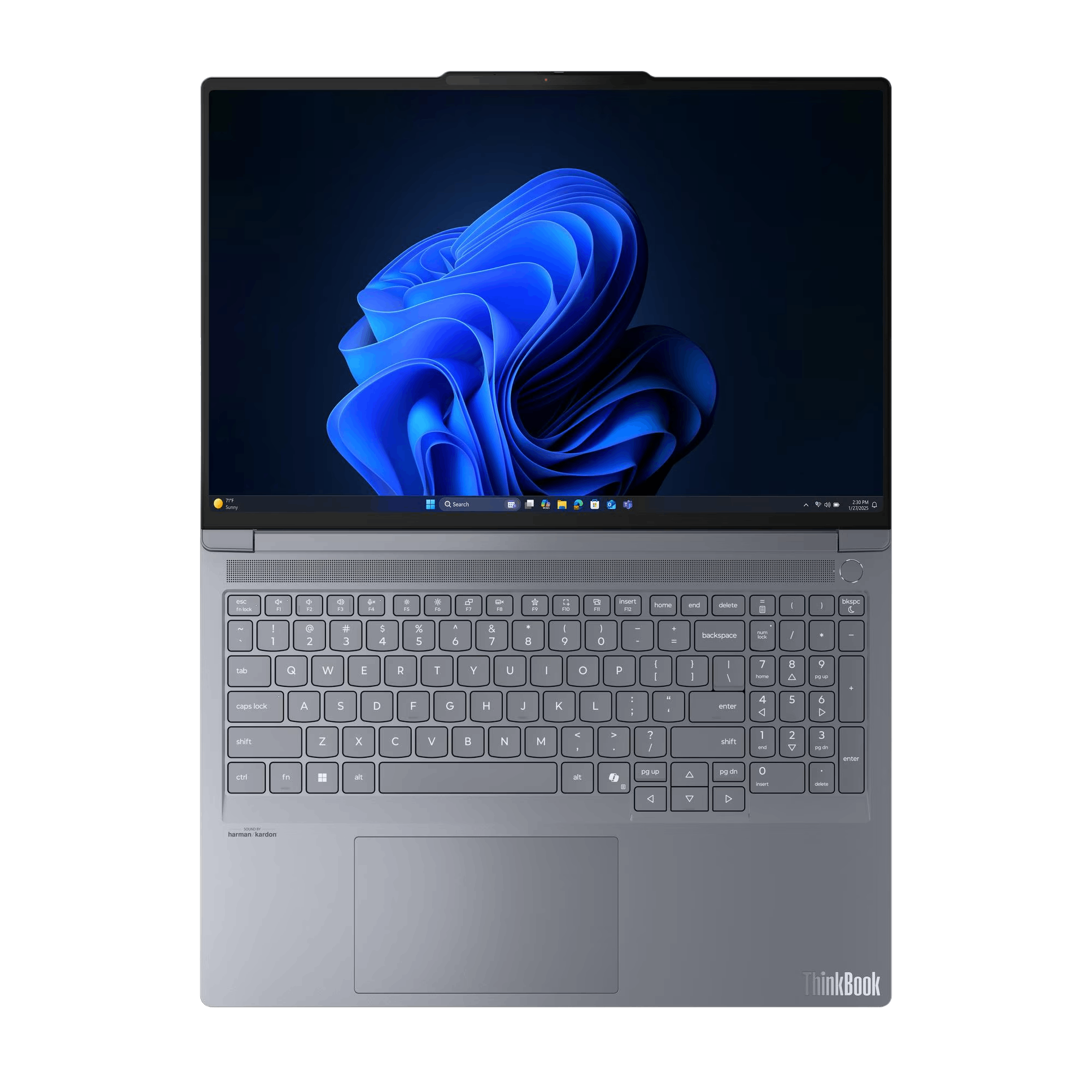 Una laptop ThinkBook está abierta, mostrando un escritorio de Windows 11 con un fondo de pantalla azul abstracto. El teclado es visible.