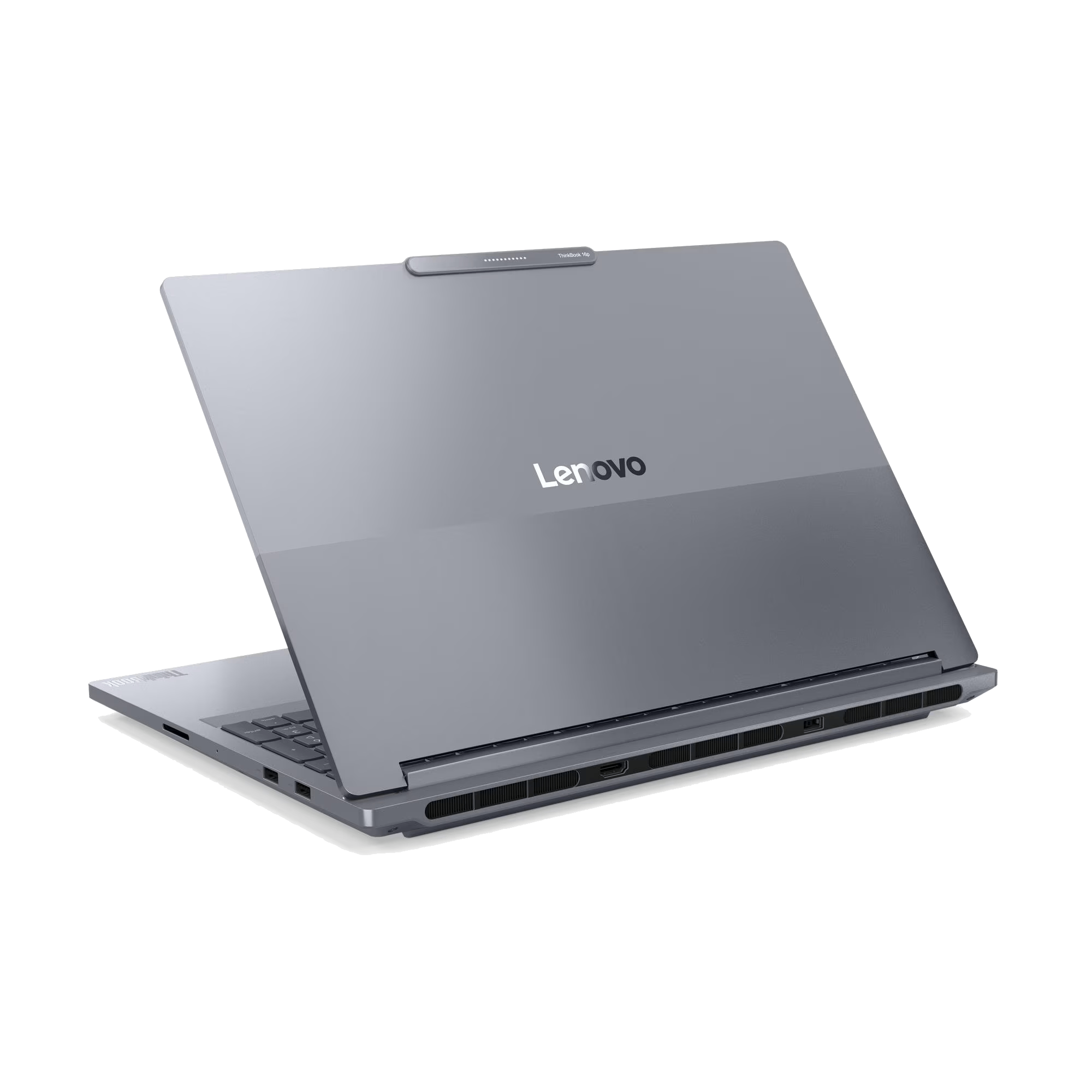 Una laptop gris Lenovo ThinkBook 16p está abierta. El logo de Lenovo es visible. La etiqueta ThinkBook 16p está en la parte superior.
