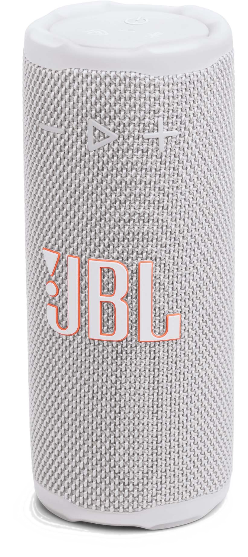 Biały głośnik JBL z teksturowaną powierzchnią, regulacją głośności i pomarańczowym logo JBL. Ma zaokrąglone górę i dół.
