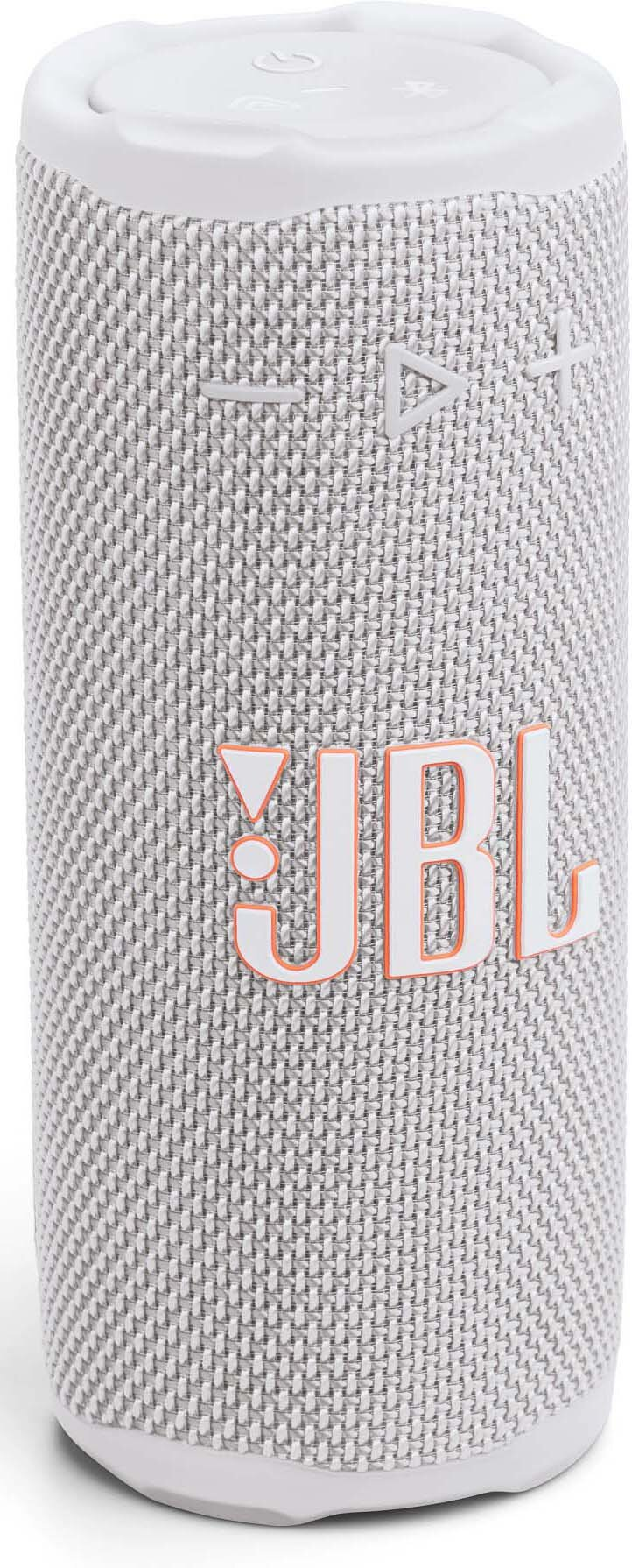 Biało-szary głośnik JBL. Ma pomarańczowe logo JBL. Głośnik ma tkaną teksturę.