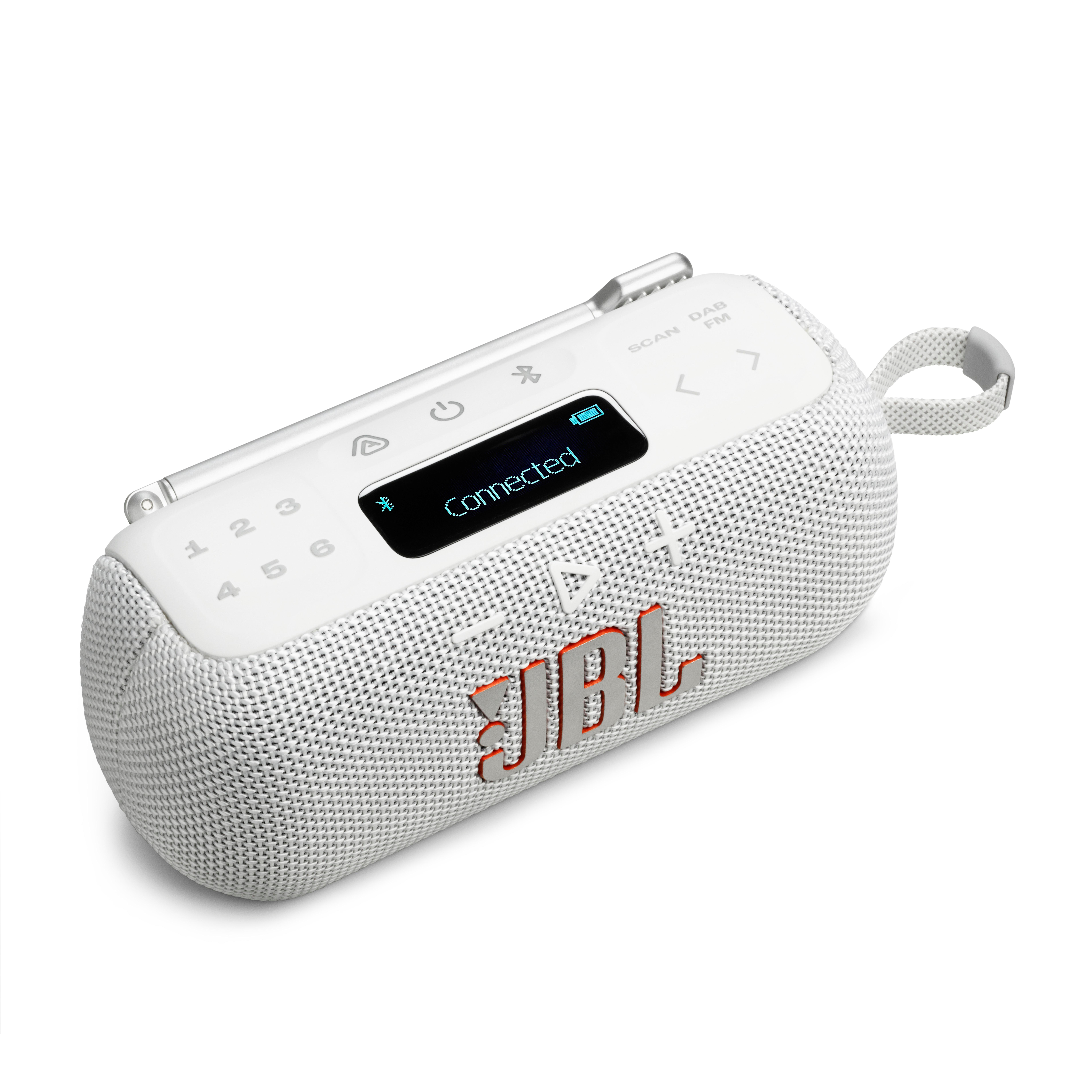 Weißer JBL-Lautsprecher mit weißem Netz und silbernen Akzenten. Auf dem Bildschirm steht 'Connected'. Das JBL-Logo ist orange.
