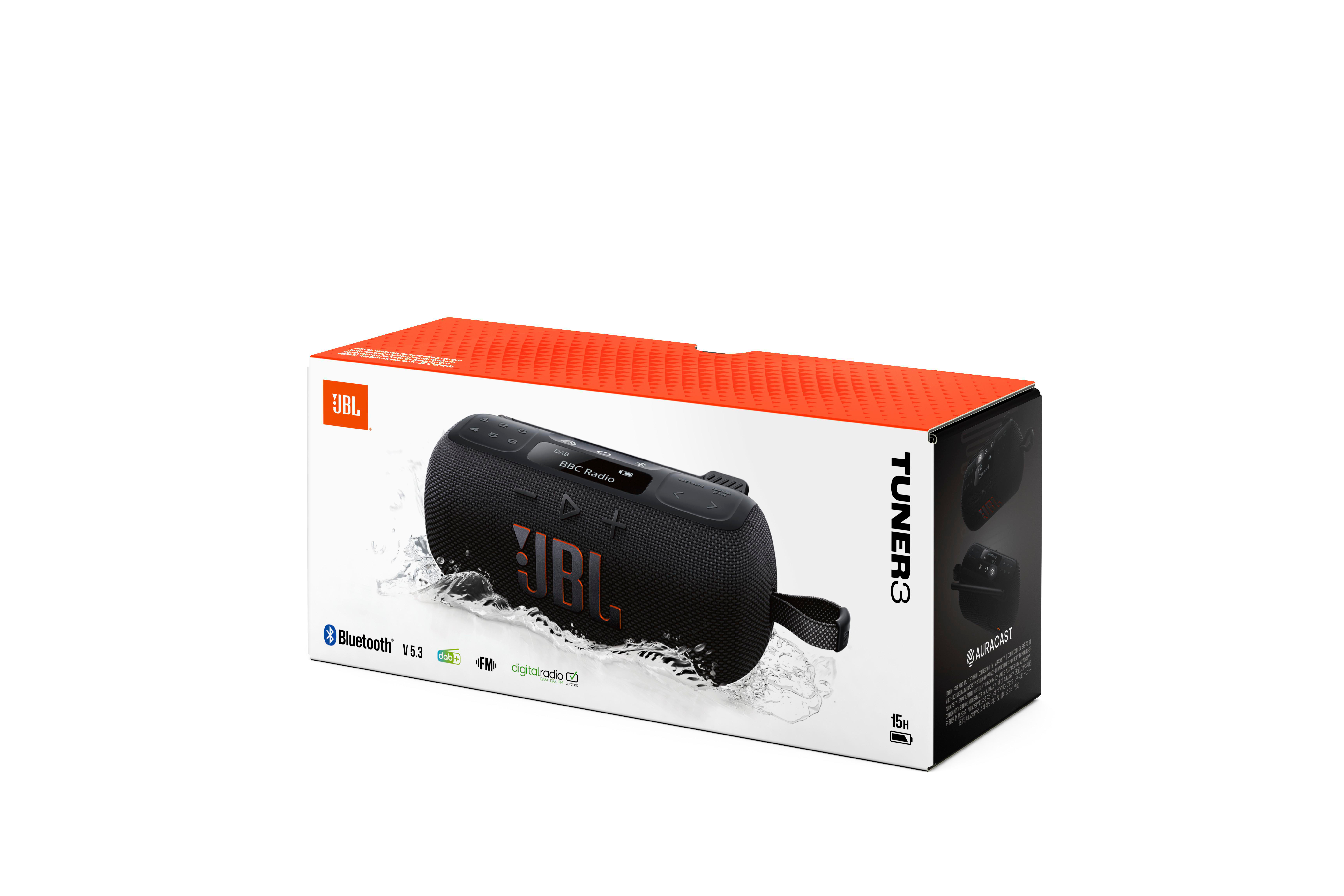 JBL Tuner 3 Lautsprecher in einer Box. Die Box ist weiß und orange, der Lautsprecher schwarz.
