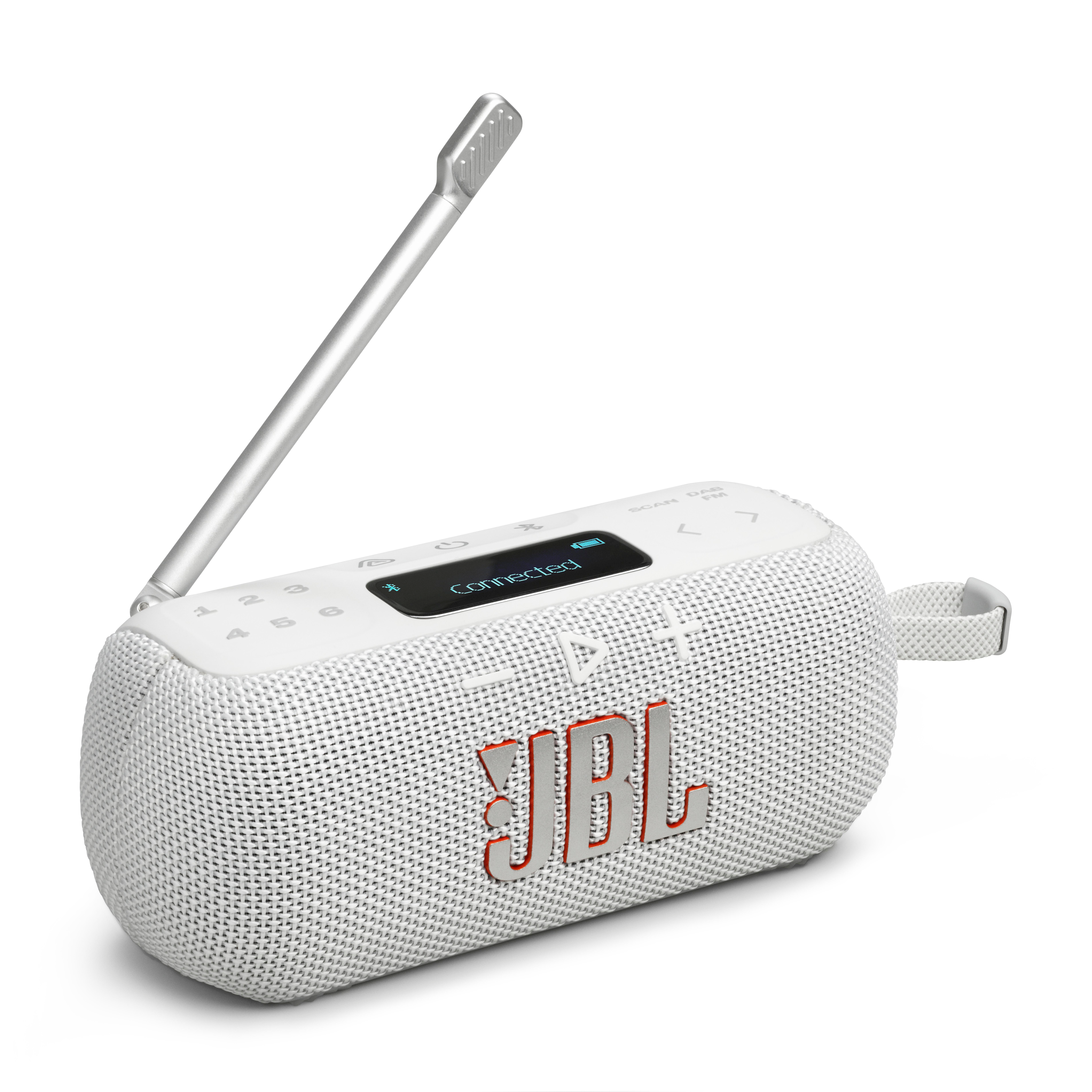 Weißer JBL-Lautsprecher mit Antenne. Es hat einen Bildschirm mit der Aufschrift 'Connected'. Das JBL-Logo ist rot.