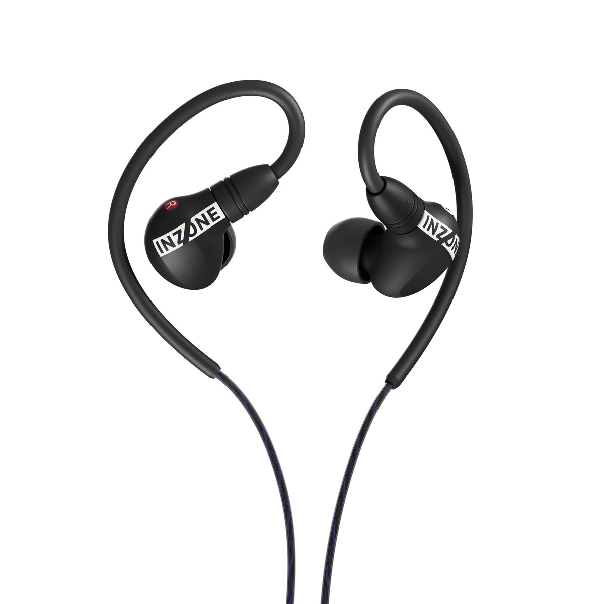 Auriculares INZONE negros sobre fondo blanco. Los auriculares tienen un cable que va por encima de la oreja y hacia abajo.
