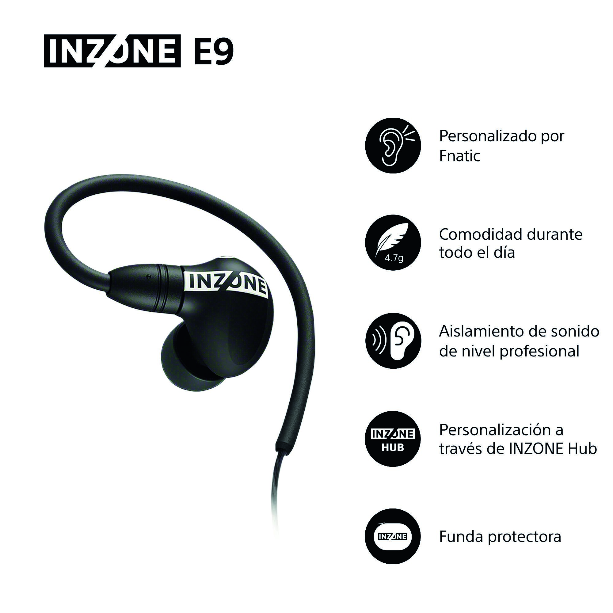 Auriculares INZONE E9 negros con texto e iconos blancos. Incluye personalización Fnatic y personalización INZONE Hub.