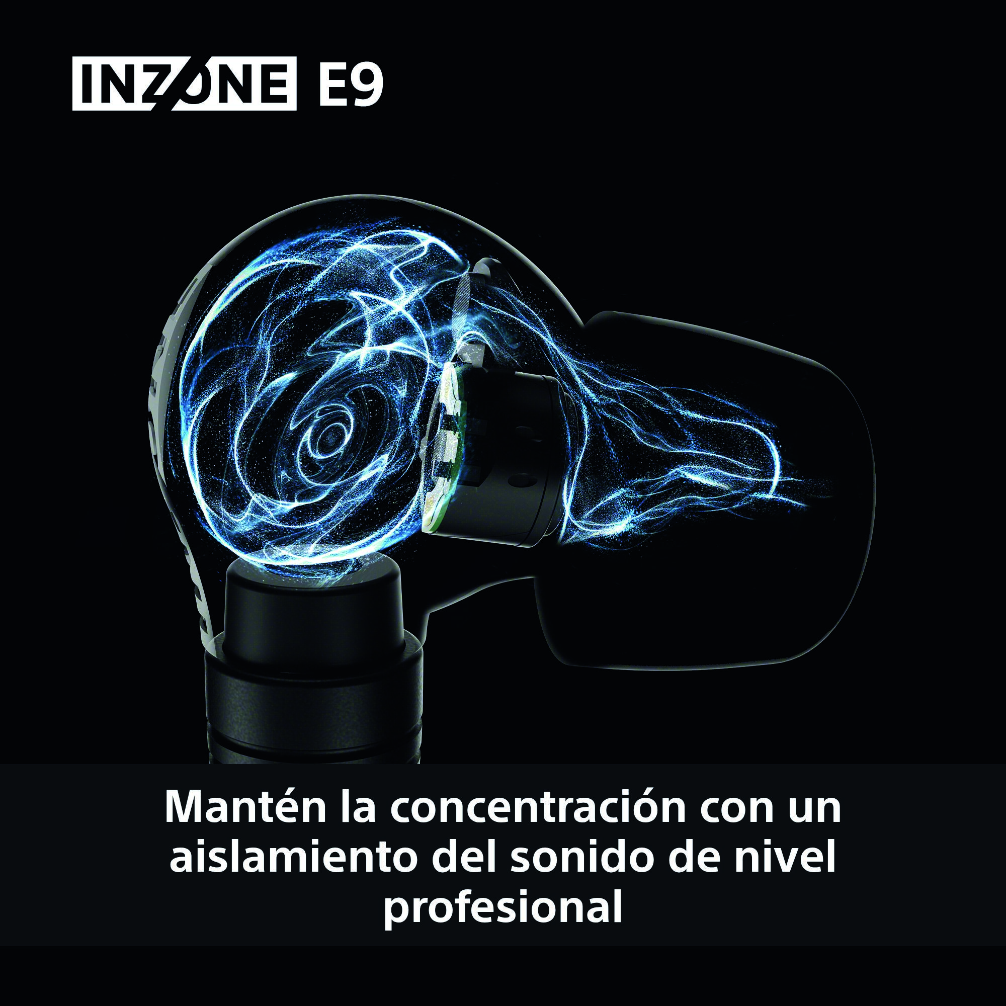 Auriculares INZONE E9 negros con efecto de luz azul. Texto: Mantén la concentración con aislamiento de sonido profesional.