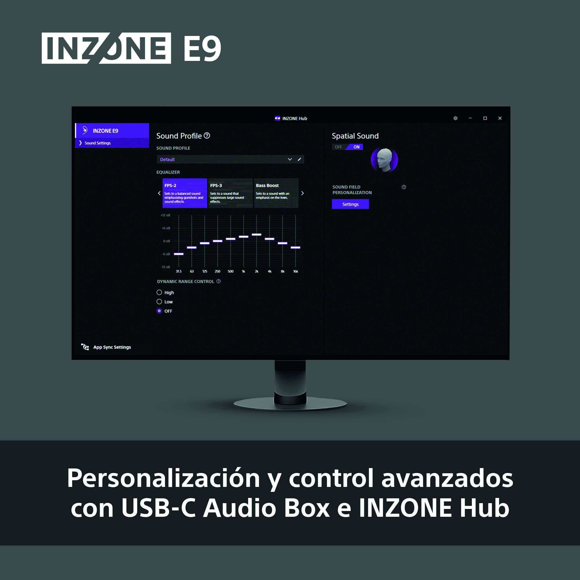 Un monitor muestra la configuración de sonido INZONE E9. Las opciones incluyen perfiles de sonido, ecualizador y control de rango dinámico.