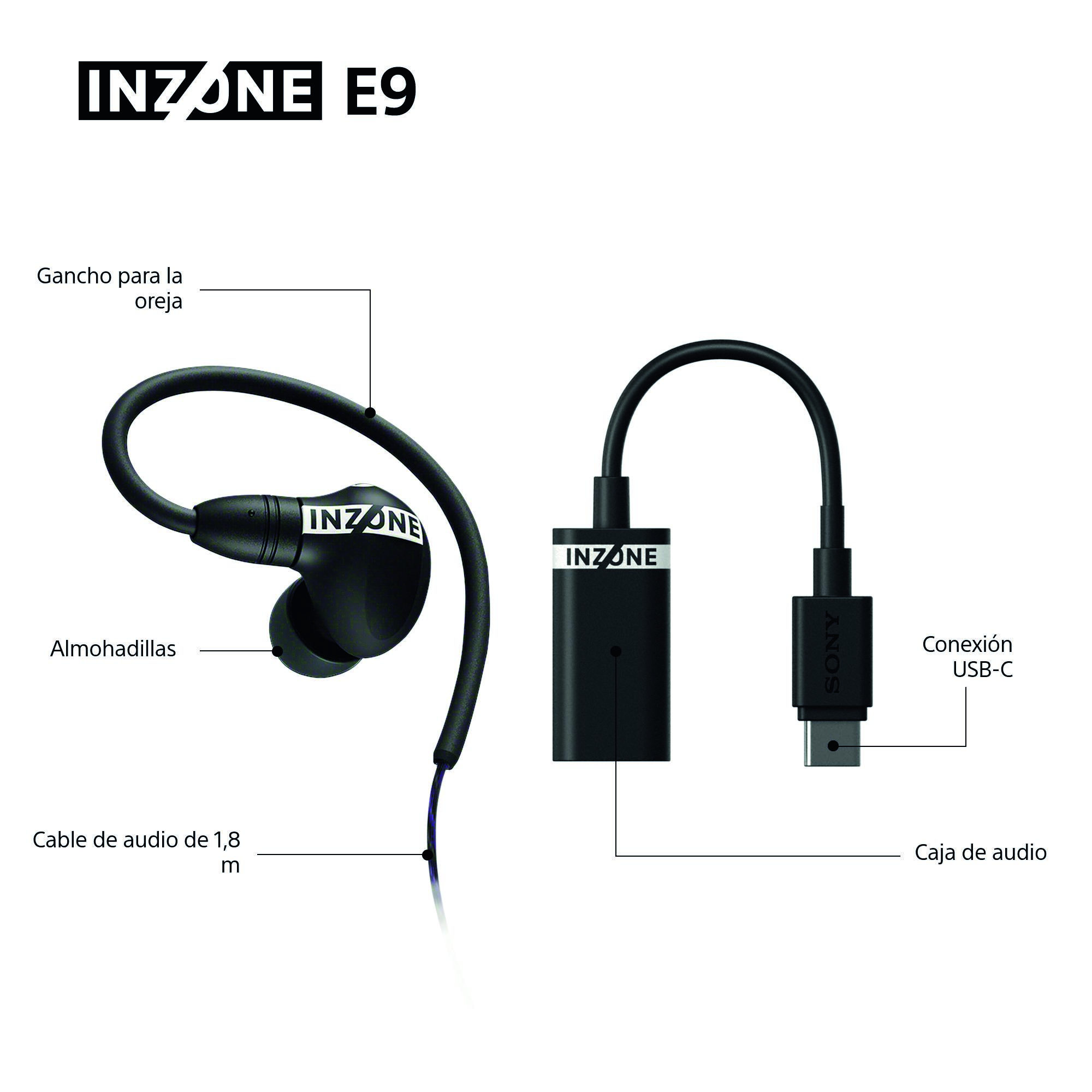 La imagen muestra auriculares INZONE E9 con gancho para la oreja, almohadillas, cable de audio, caja de audio y conexión USB-C. Todo es negro.