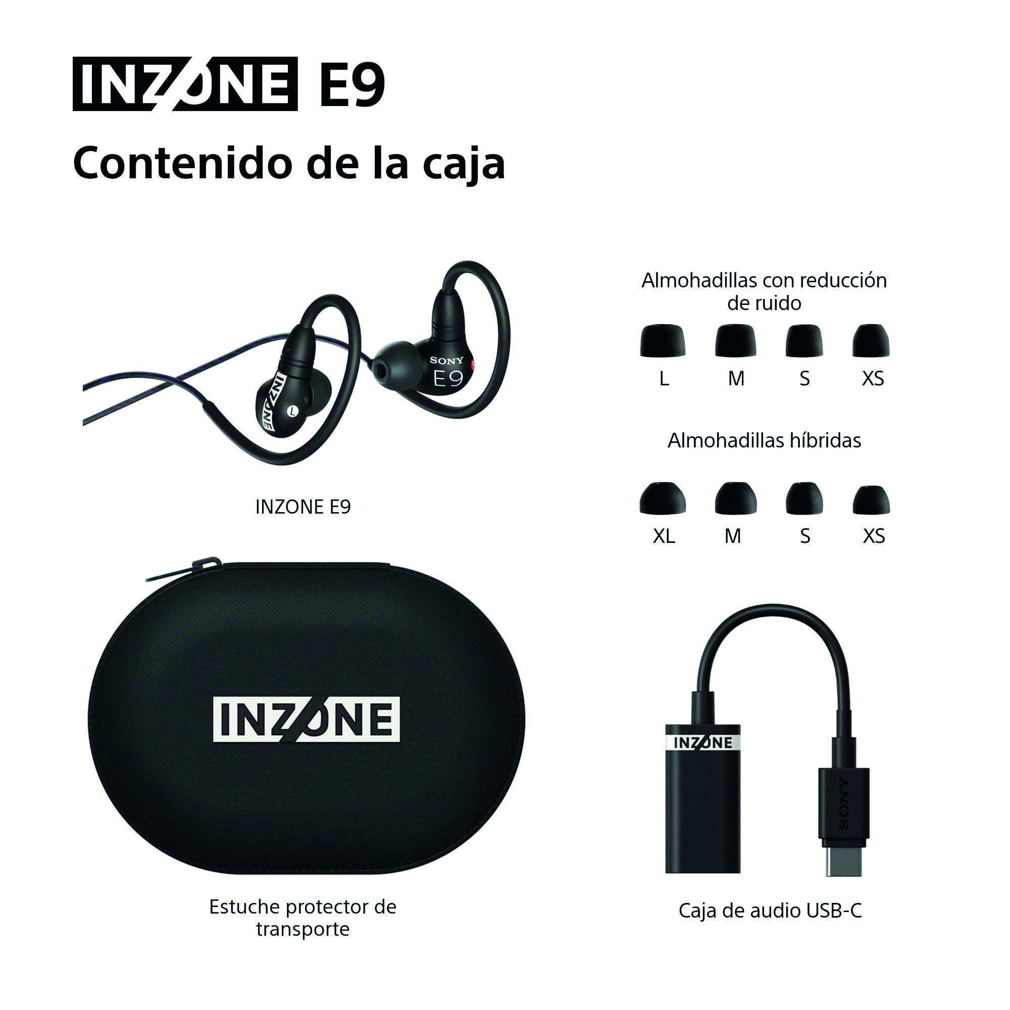 La imagen muestra auriculares INZONE E9, un estuche y una caja de audio USB-C, junto con tamaños de puntas.