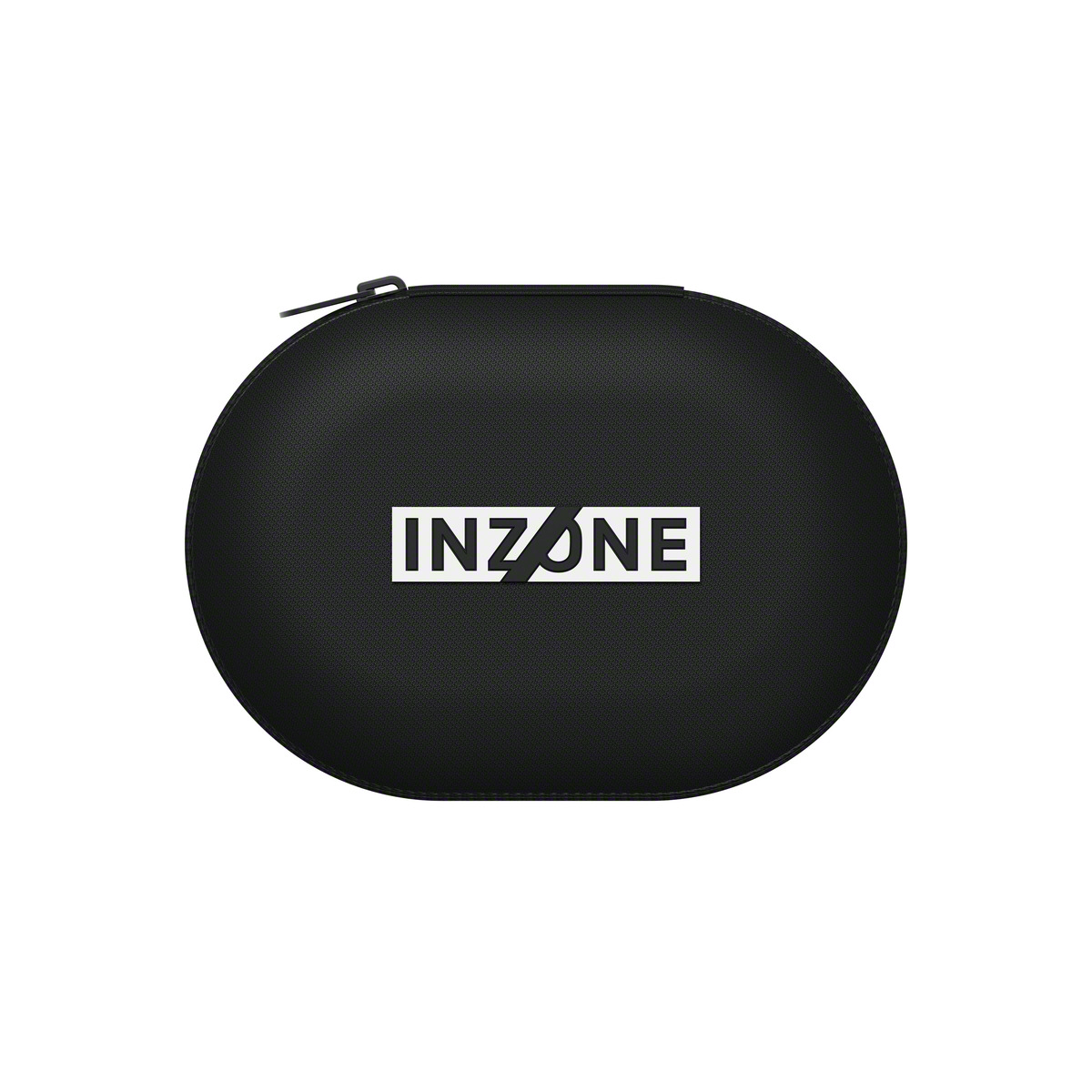 Una funda negra, ovalada, con el logotipo blanco 'INZONE'. Una cremallera recorre el borde superior.