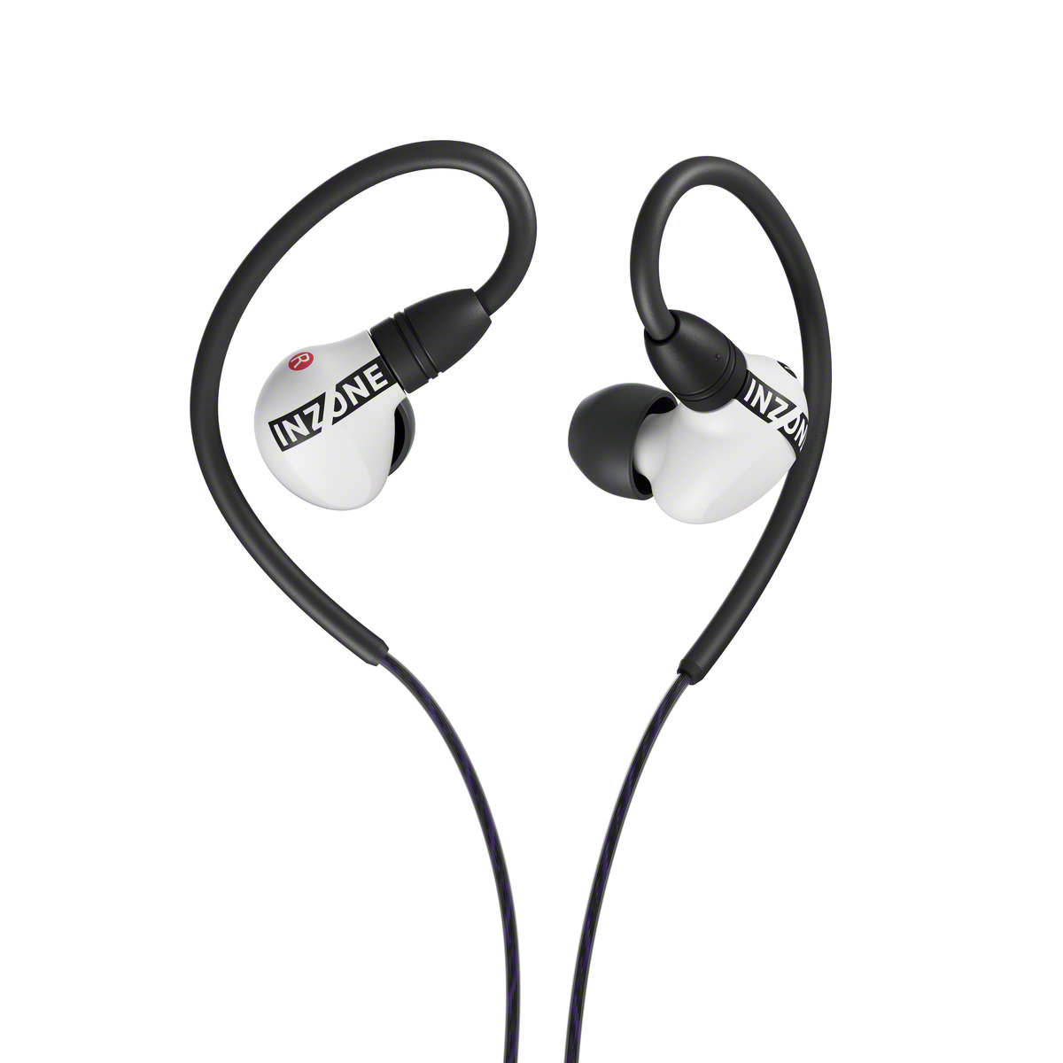 Par de auriculares INZONE blancos y negros con cable y ganchos para la oreja negros, aislados sobre fondo blanco.