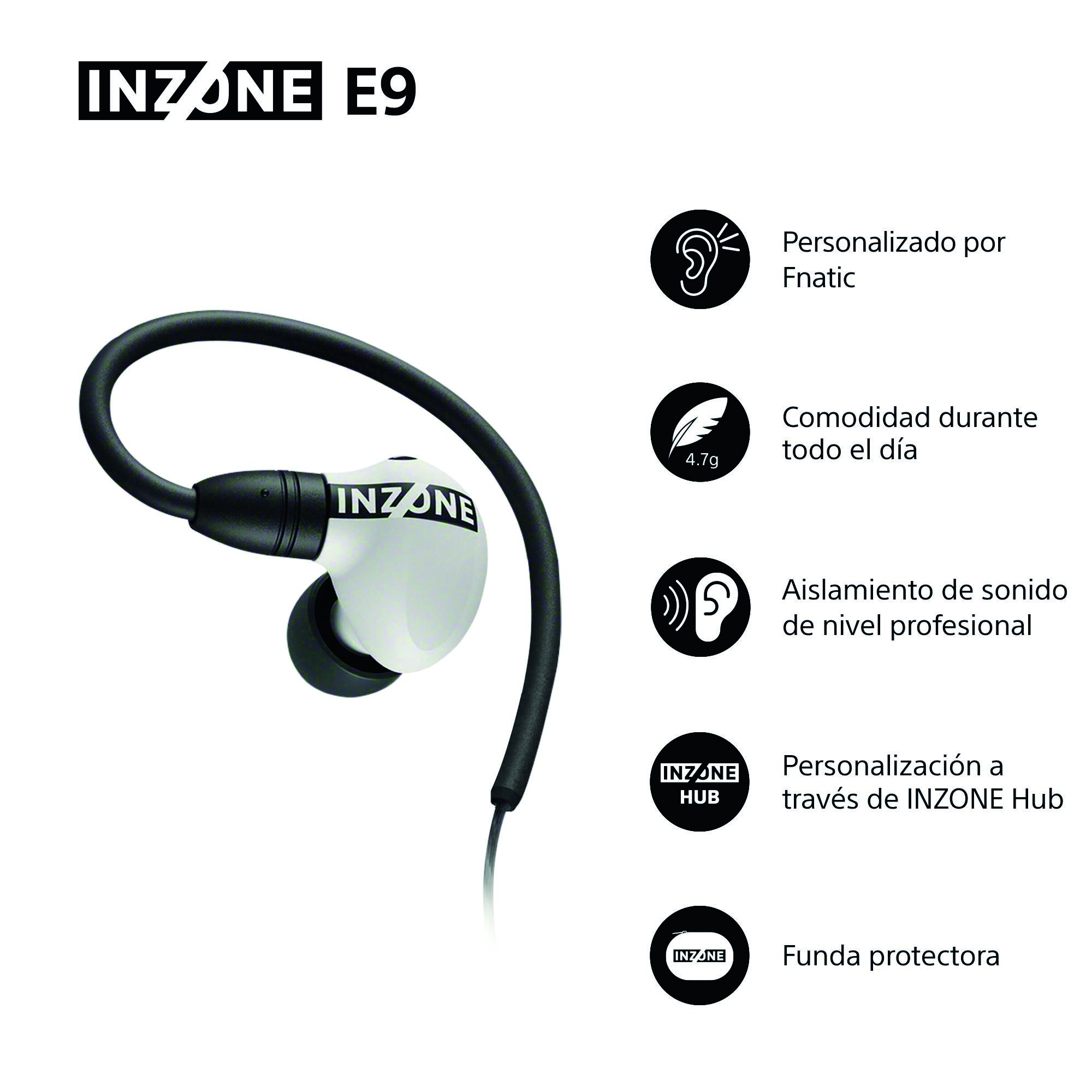 La imagen muestra auriculares Inzone E9. Las características incluyen personalización Fnatic, comodidad durante todo el día, aislamiento de sonido profesional e INZONE Hub.