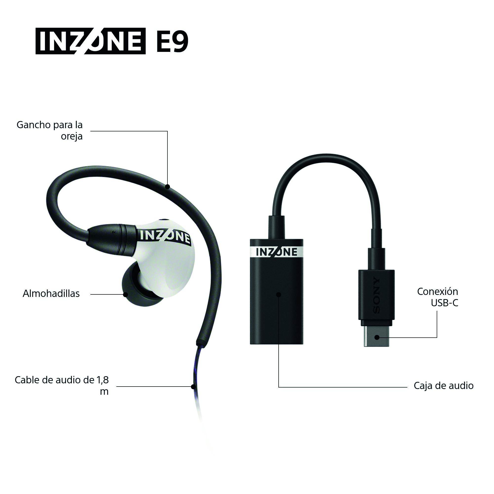 La imagen muestra auriculares INZONE E9. Son blancos y negros, con conector USB-C. Las etiquetas señalan partes.