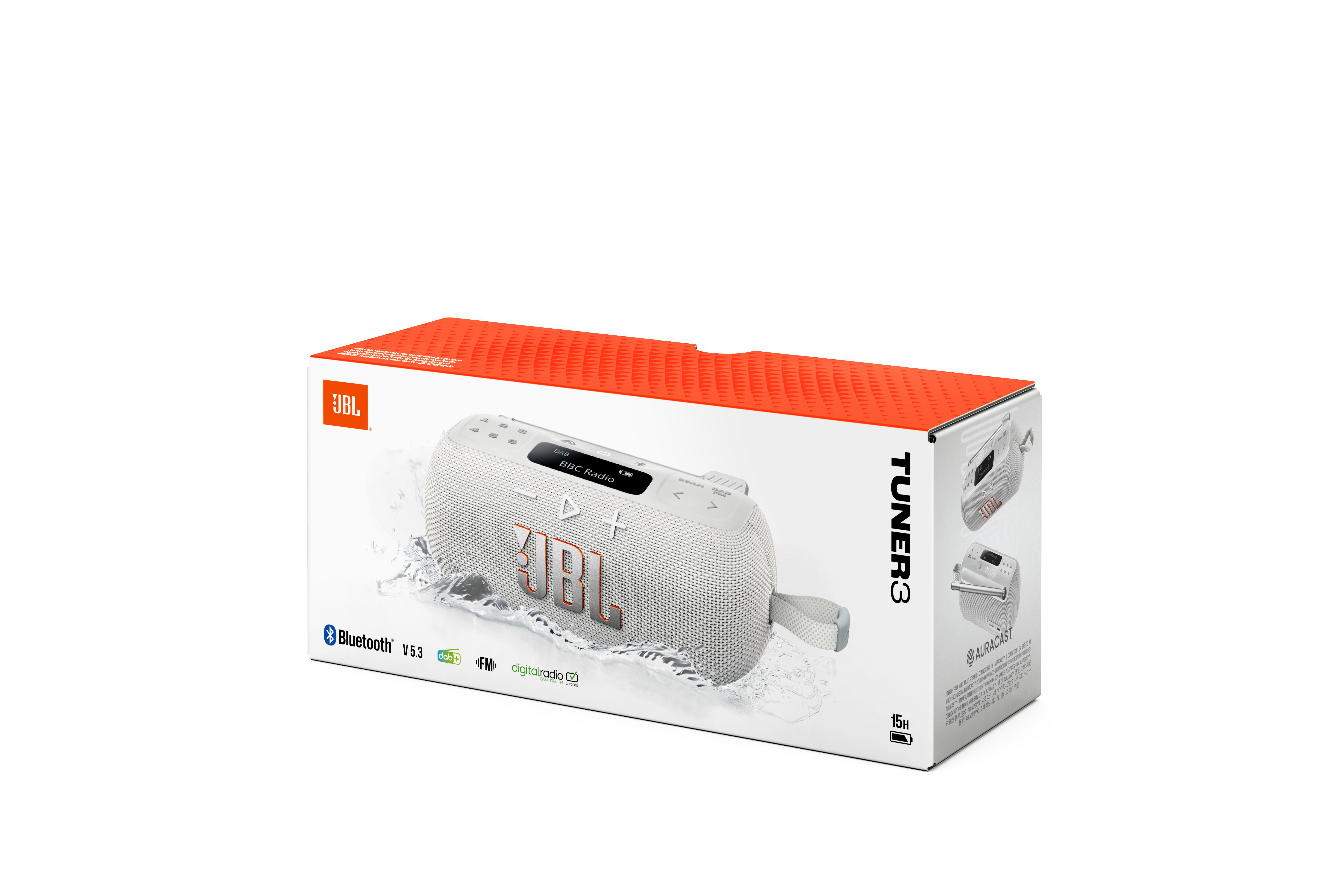 JBL Tuner 3 Box mit Lautsprecher. Weiß-oranger Karton mit Lautsprecherbild. Bluetooth-, DAB- und FM-Symbole sind sichtbar.