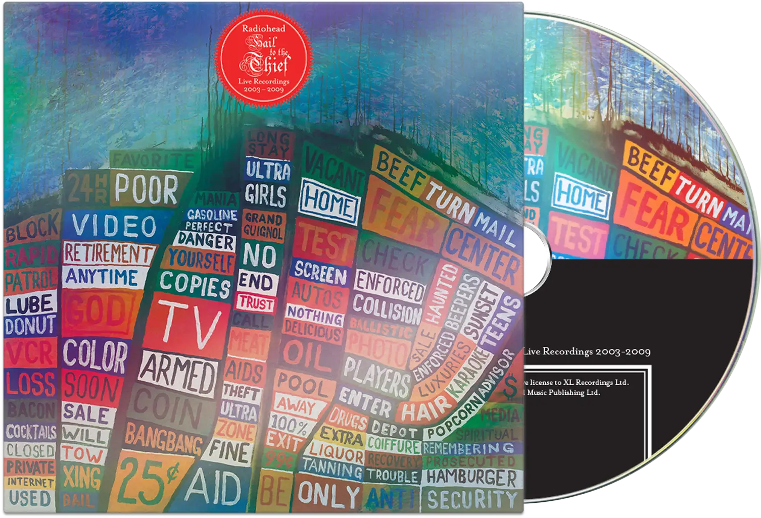 A Radiohead 'Sail to the Thief' című albumának borítója színes szöveges művészettel és a CD a háttérben.