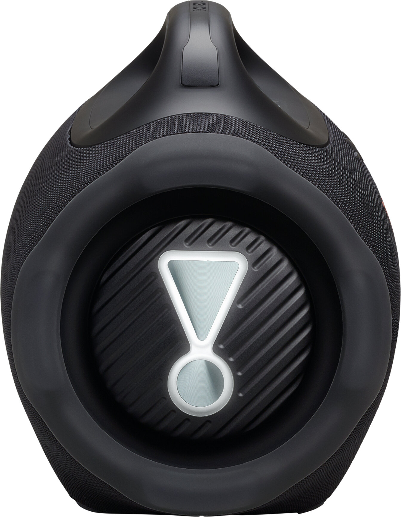 Czarny głośnik o owalnym kształcie z uchwytem. Białe logo jest wyśrodkowane. Głośnik ma siatkową teksturę i okrągłą, gumopodobną ramę.
