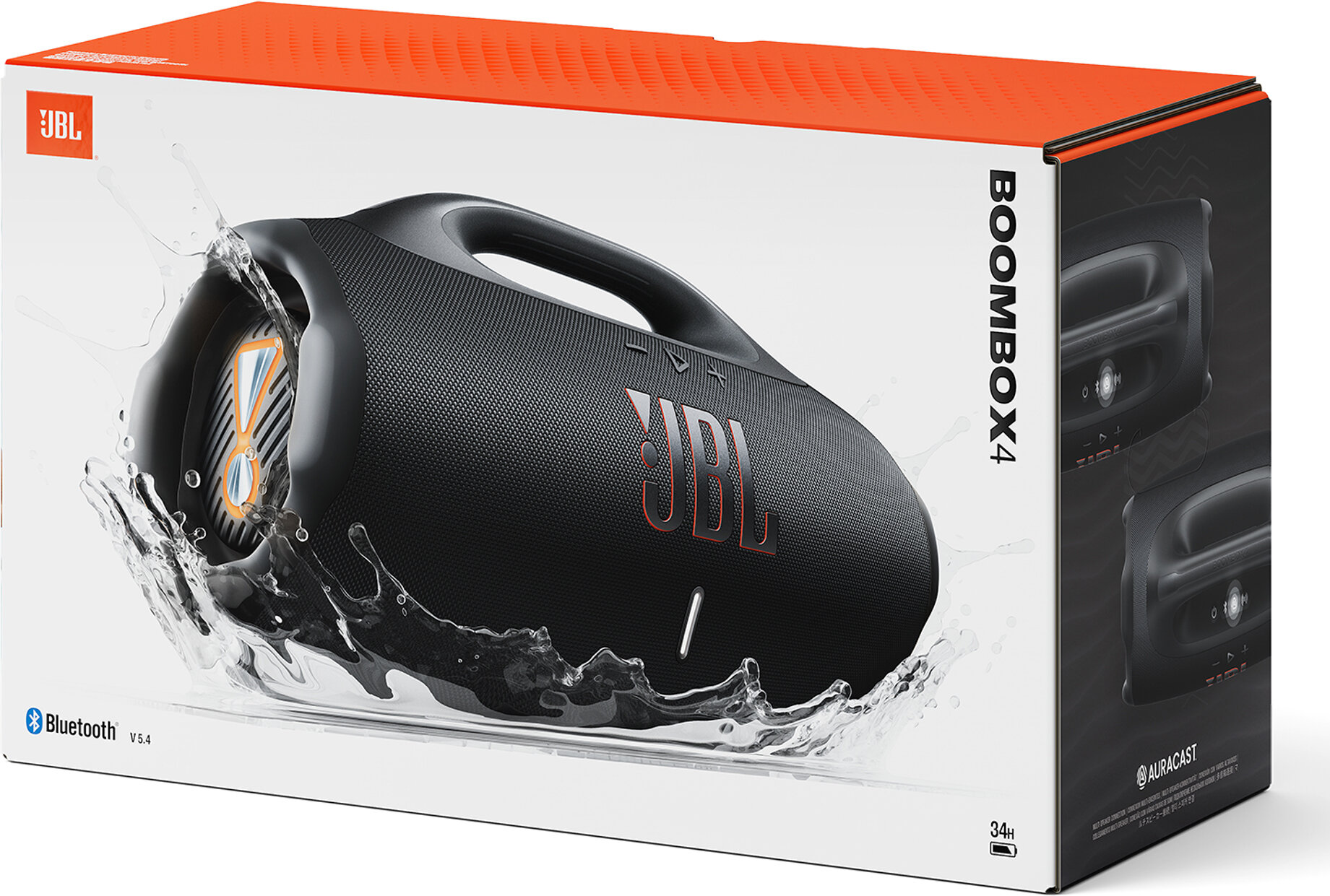 Głośnik JBL Boombox 4 w pudełku. Czarny głośnik z rozpryskami wody. Pomarańczowe akcenty i szczegóły na pudełku. Widoczne logo Bluetooth.