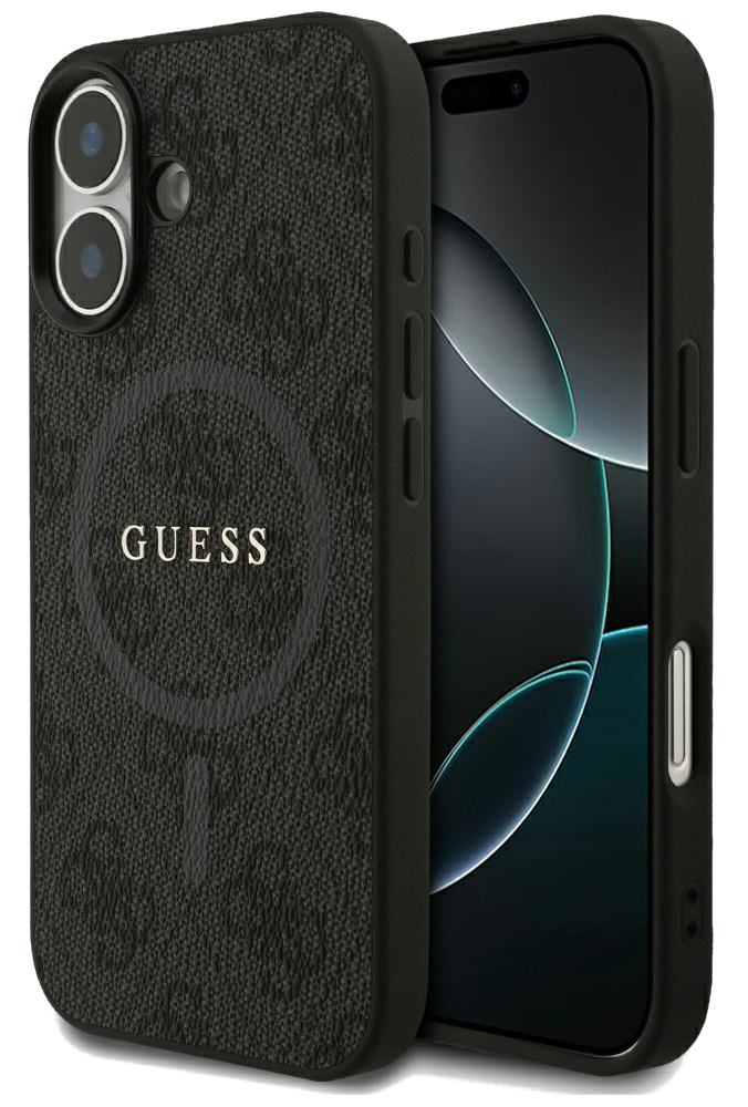 Czarny futerał na telefon z logo Guess, trzymający czarny smartfon. Futerał ma teksturowaną powierzchnię i wycięcia na aparat.