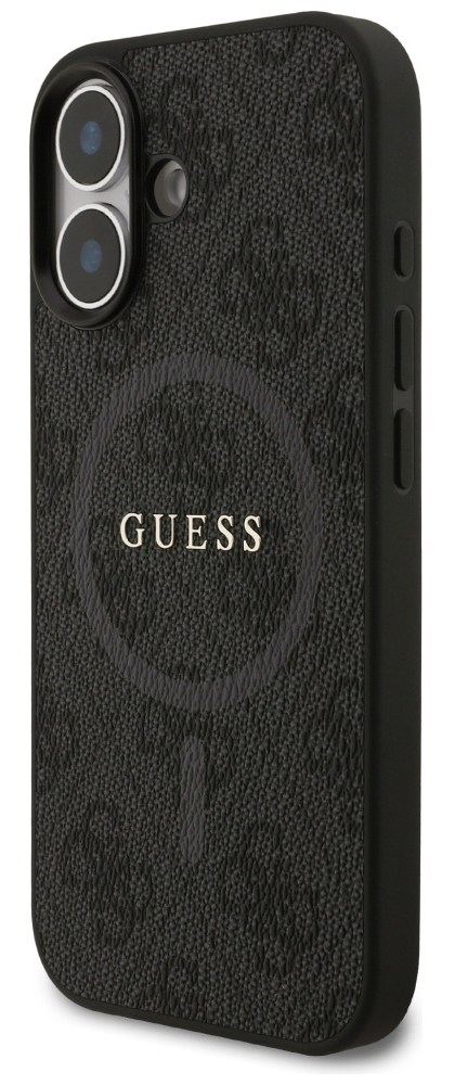 Czarny pokrowiec na telefon Guess. Posiada podwójny aparat, logo marki i teksturowaną powierzchnię. Etui jest przeznaczone do iPhone'a.