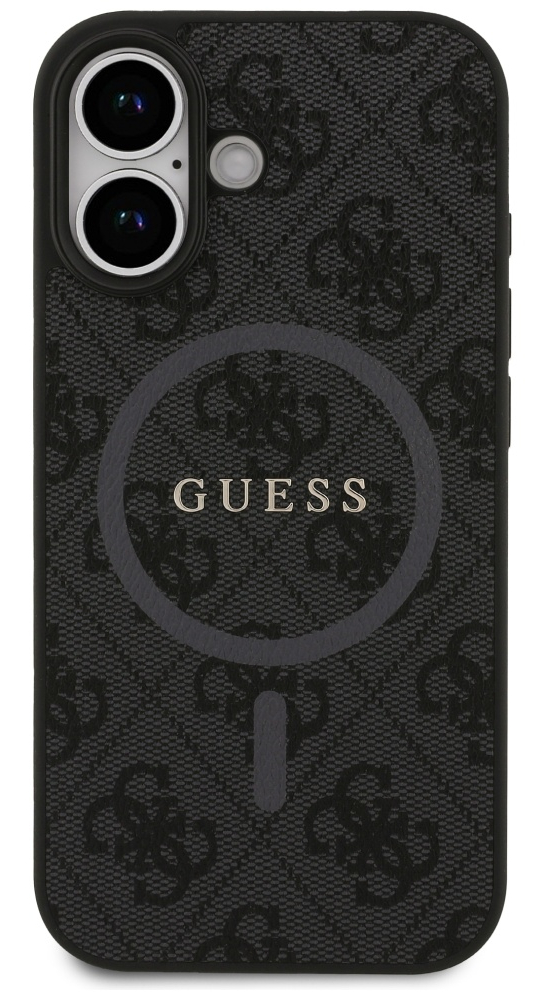 Czarne etui na telefon z logo Guess. Posiada podwójny aparat i lampę błyskową. Wzór z logo Guess w kolorze szarym i czarnym.