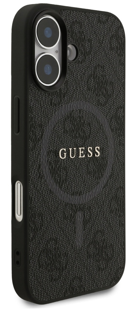 Czarny pokrowiec na telefon Guess. Posiada wycięcia na aparat, teksturowany tył i nazwę marki. Na białym tle.