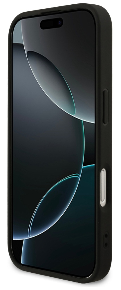 Czarny smartfon w czarnym etui. Ekran wyświetla ciemny gradient z zakrzywionymi wzorami świetlnymi.