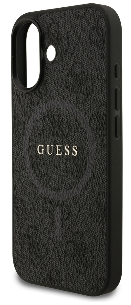 Czarny futerał na telefon Guess. Ma teksturowaną powierzchnię z logo Guess. Etui ma wycięcia na aparat i przyciski.