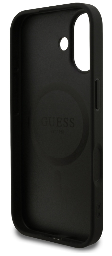 Czarna obudowa telefonu z wytłoczonym logo Guess. Posiada wycięcie na aparat i boczne przyciski.